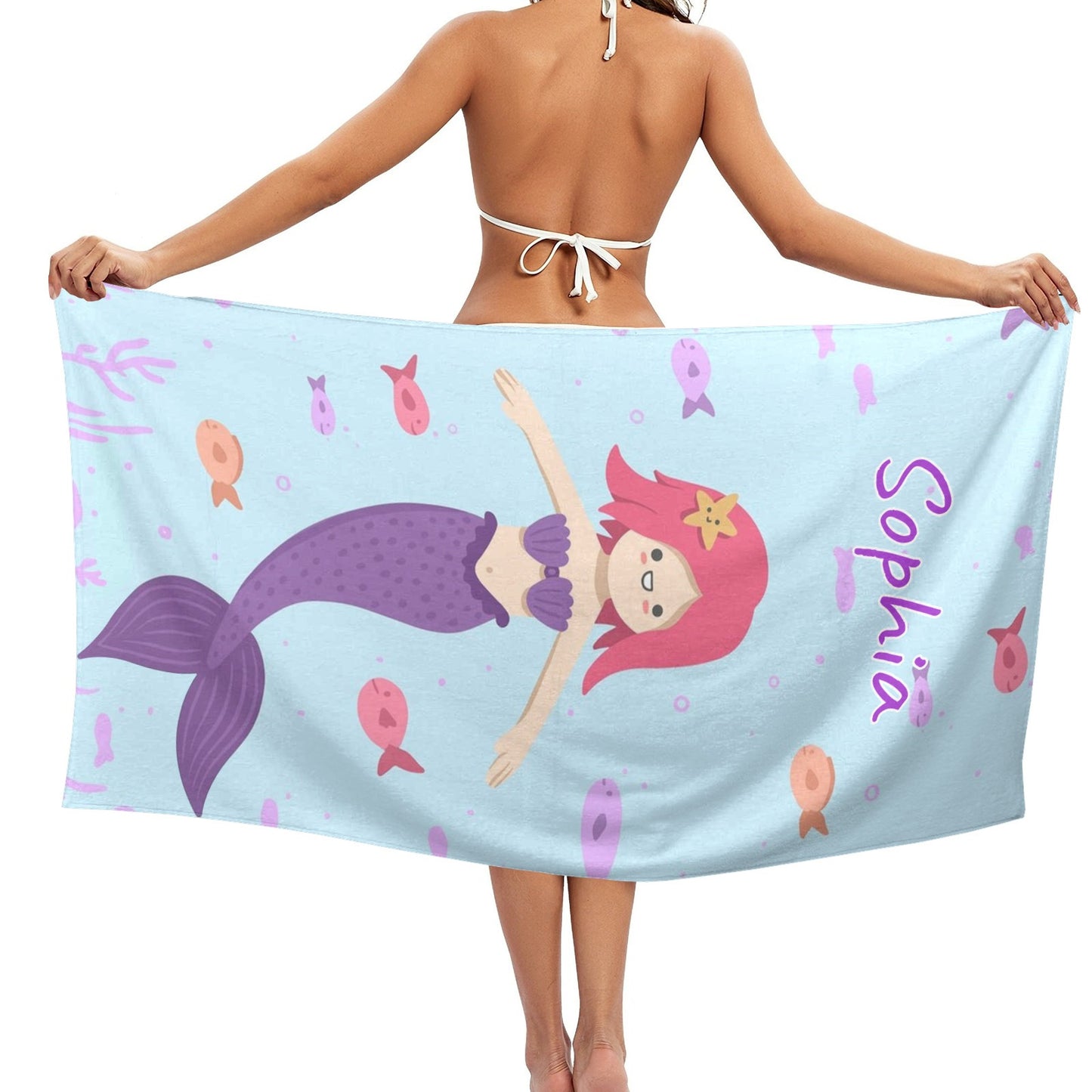 Mermaid Purple Beach Towel Custom Cotton/Poly Blend Pool Towel - Blue - Personalize with Your Name - Standard Size