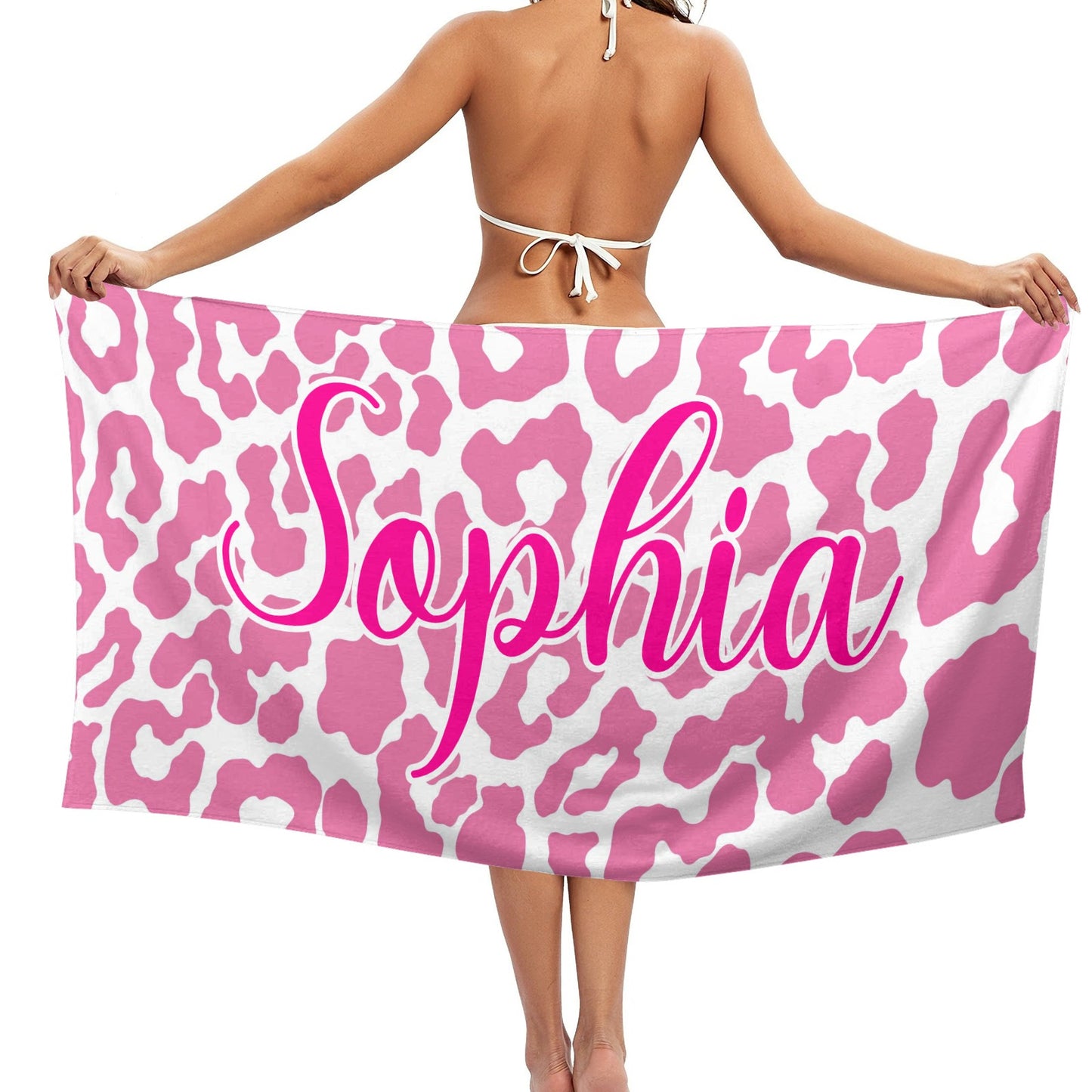Pink Leopard Print Beach Towel Custom Cotton/Poly Blend Pool Towel - Blue - Personalize with Your Name - Standard Size