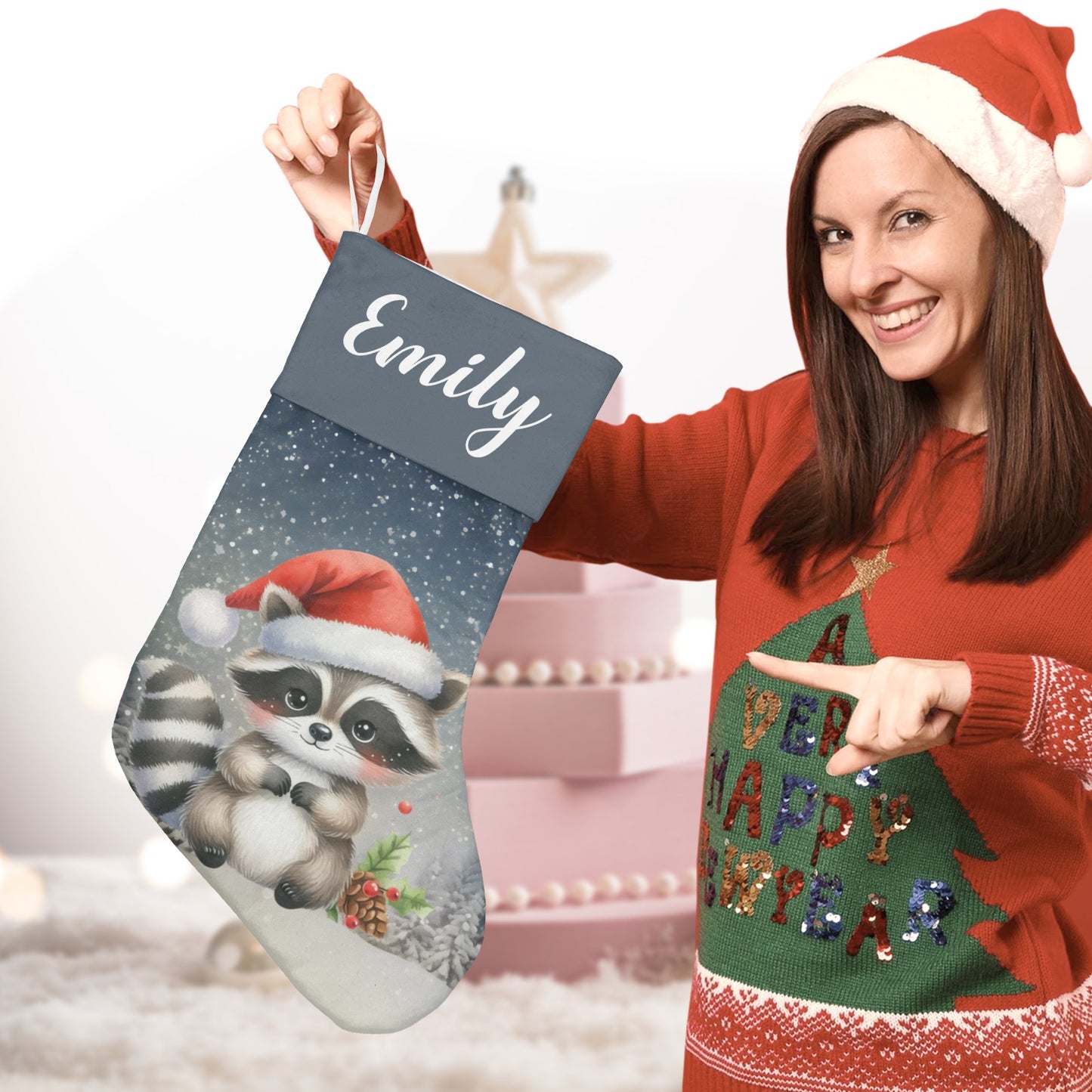 Raccoon Christmas Stocking Custom Name Christmas Socks Gift