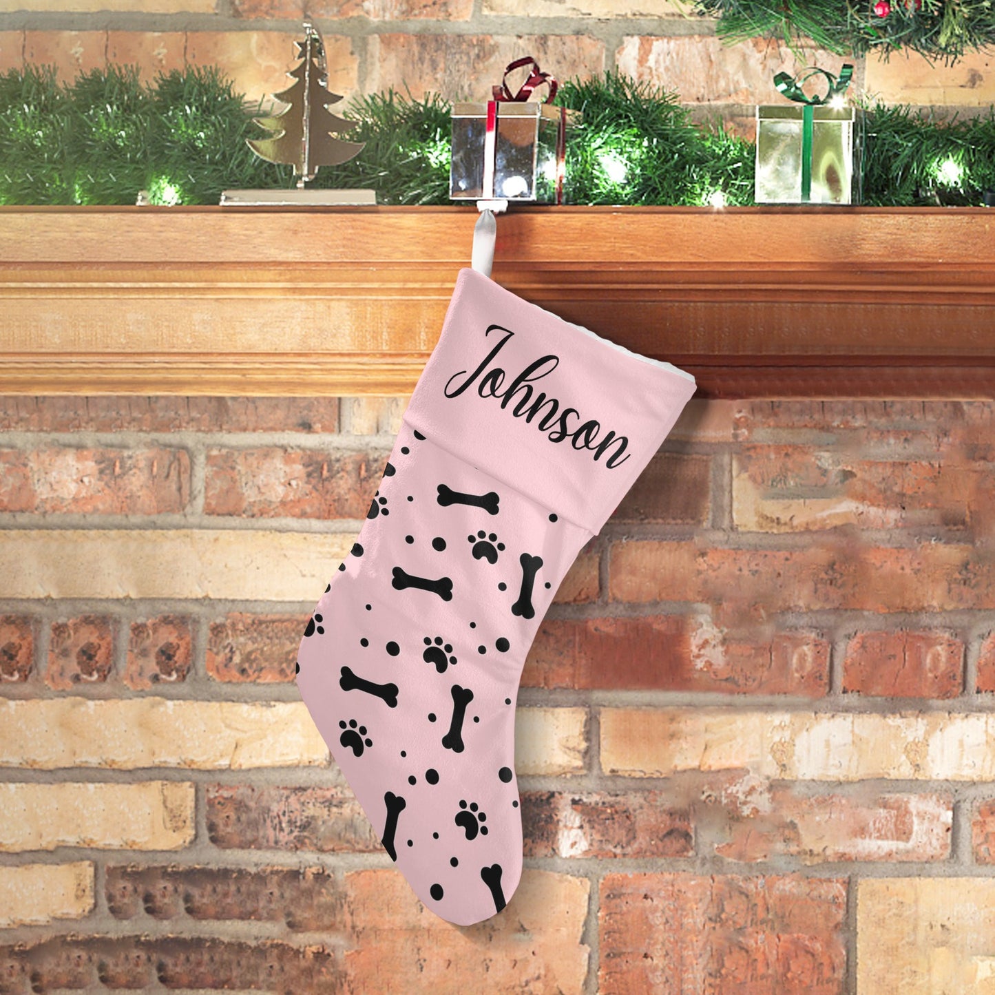 Paw bones Pink Christmas Stocking Custom Name Christmas Socks Gift