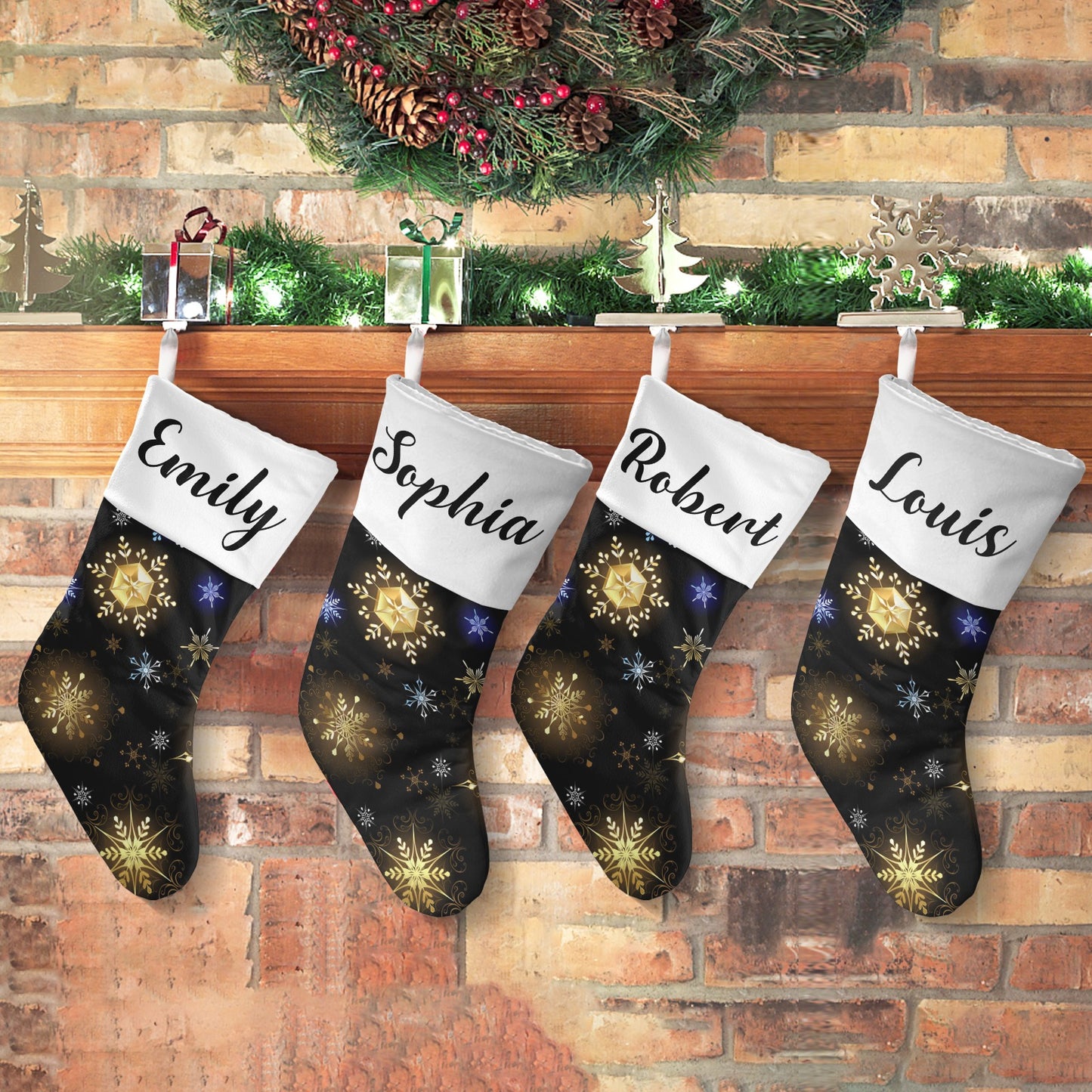 Snowflakes Black Christmas Stocking Custom Name Christmas Socks Gift