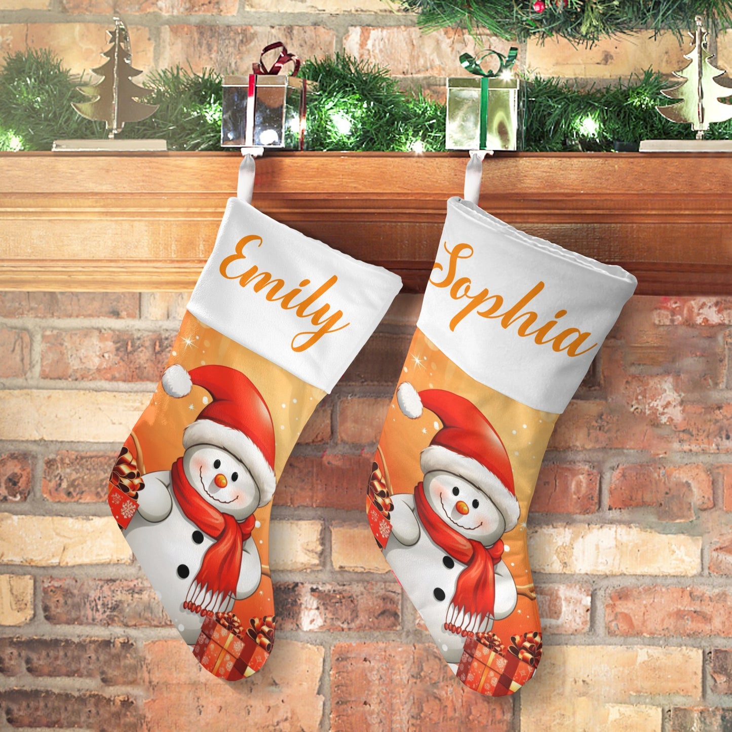Snowman Orange Christmas Stocking Custom Name Christmas Socks Gift