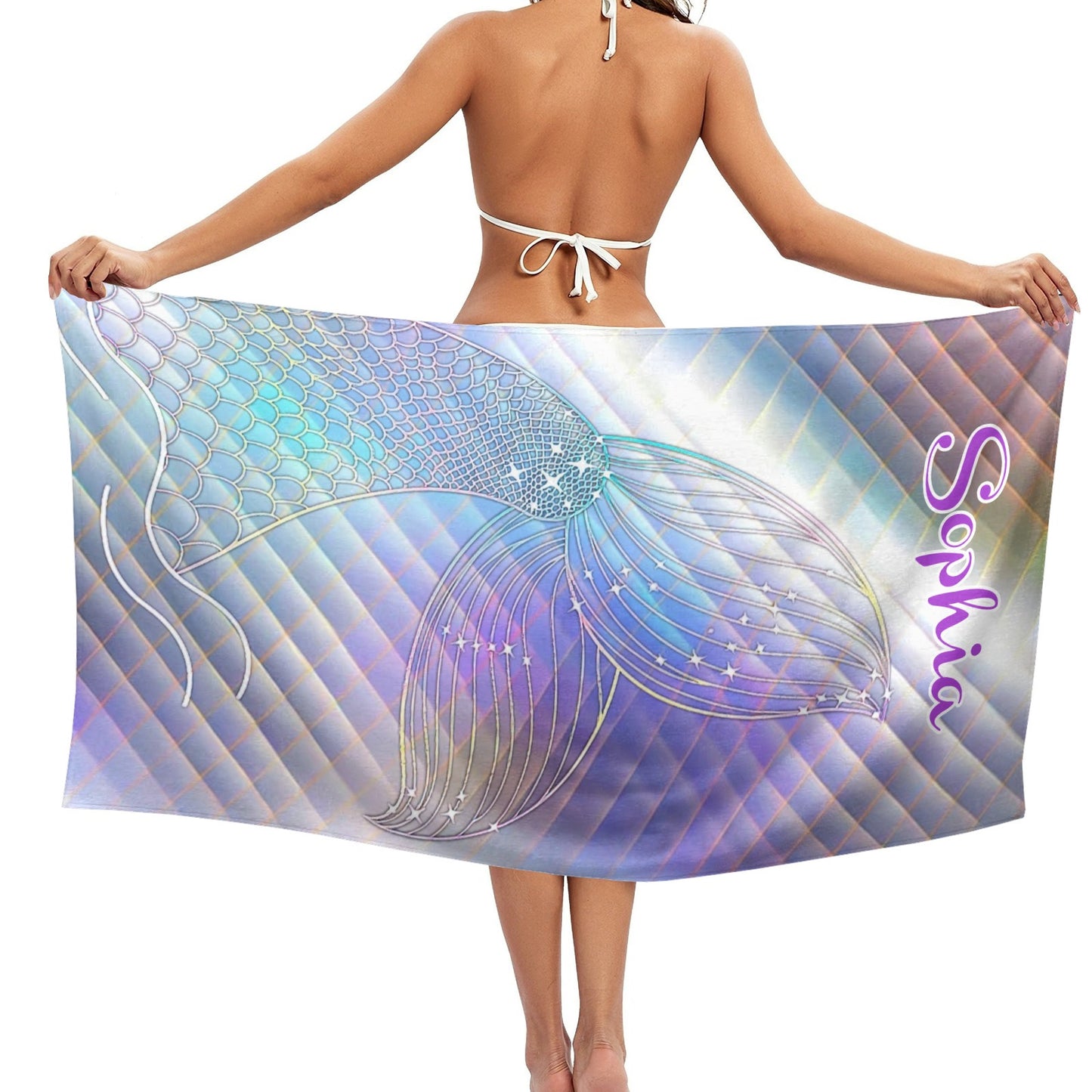 Mermaid Tail Beach Towel Custom Cotton/Poly Blend Pool Towel - Blue - Personalize with Your Name - Standard Size