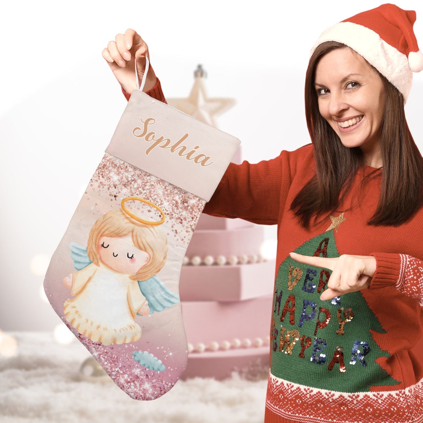 Angel Glitter Christmas Stocking Custom Name Christmas Socks Gift