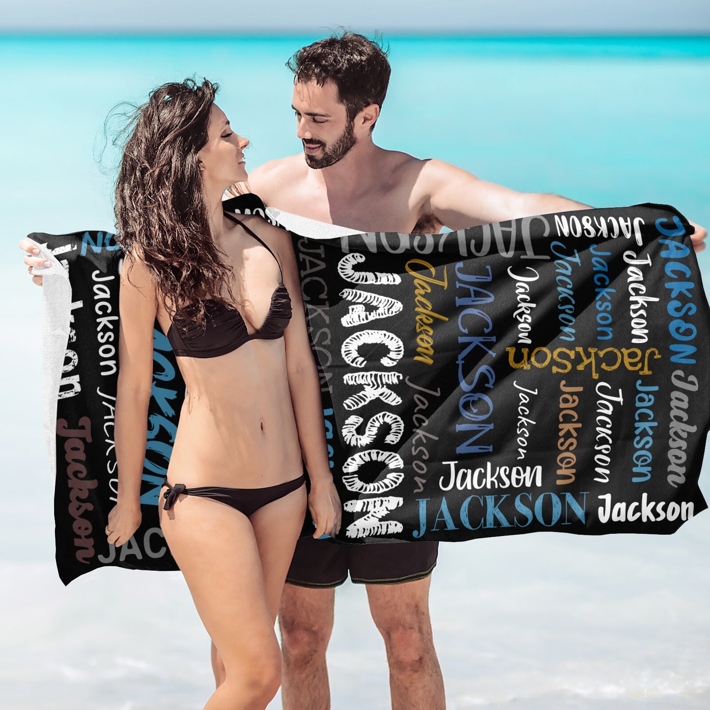 Black Beach Towel Custom Cotton/Poly Blend Pool Towel - Blue - Personalize with Your Name - Standard Size