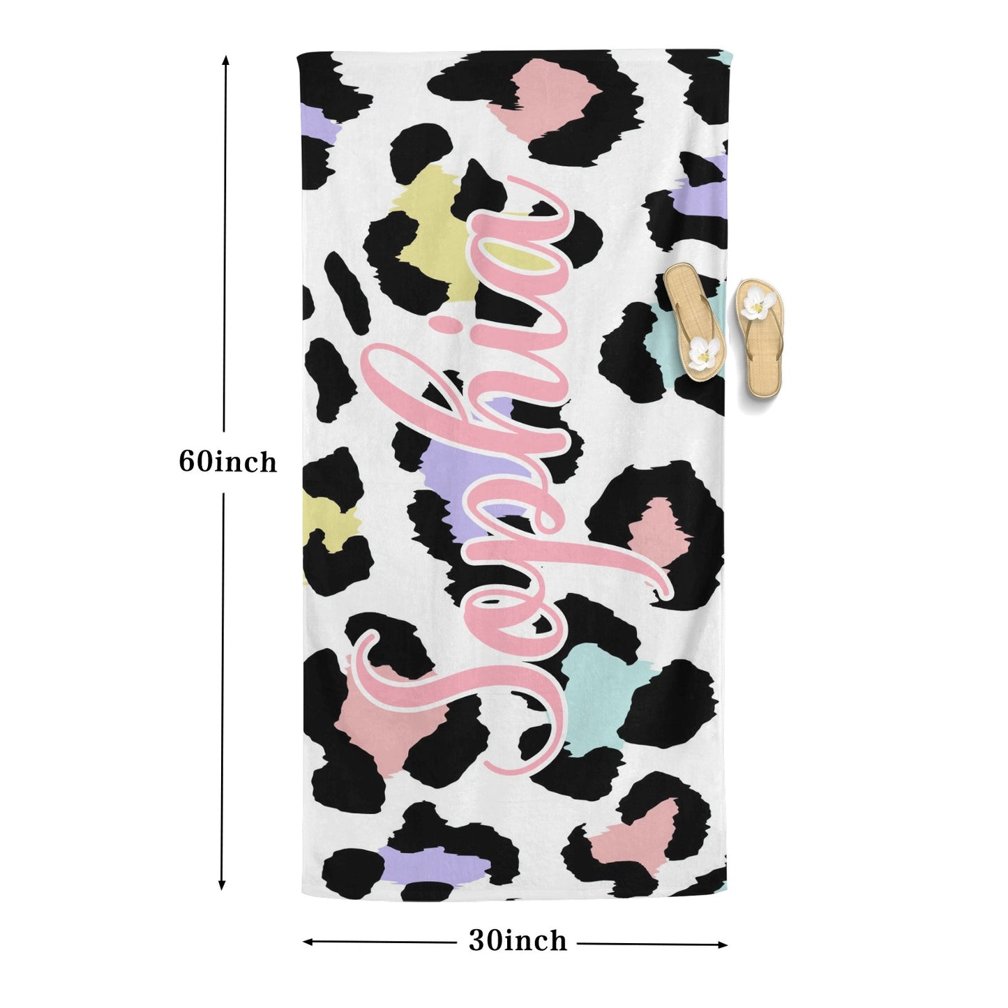 Leopard Print Beach Towel Custom Cotton/Poly Blend Pool Towel - Blue - Personalize with Your Name - Standard Size