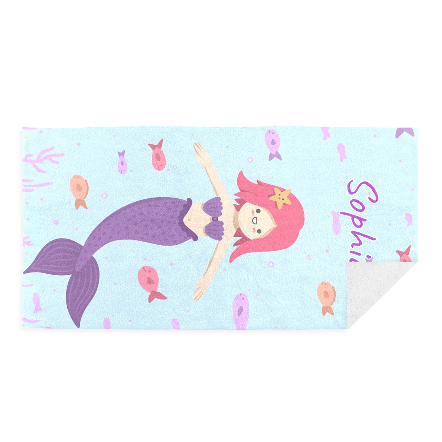 Mermaid Purple Beach Towel Custom Cotton/Poly Blend Pool Towel - Blue - Personalize with Your Name - Standard Size