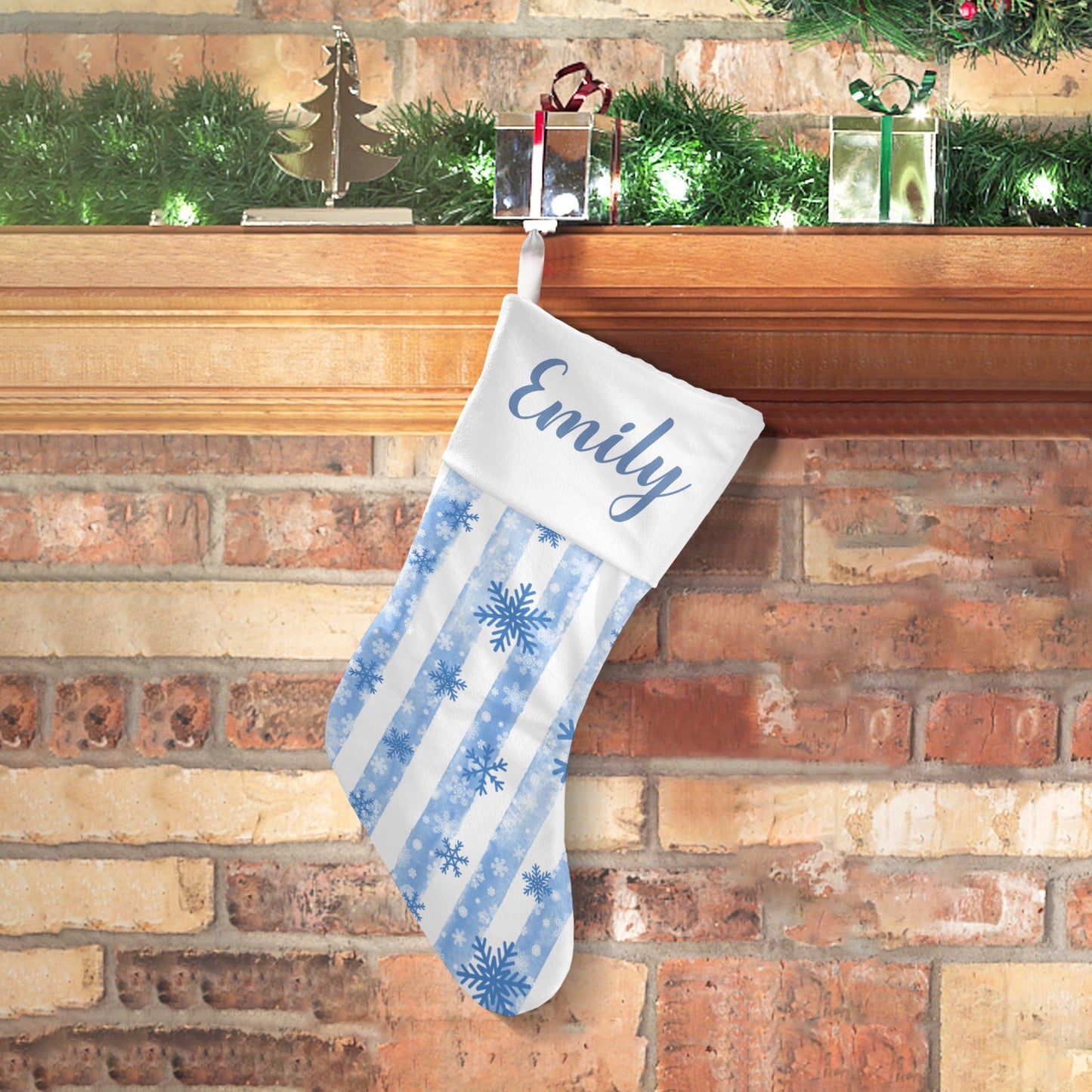 Snowflakes Stripes Christmas Stocking Custom Name Christmas Socks Gift