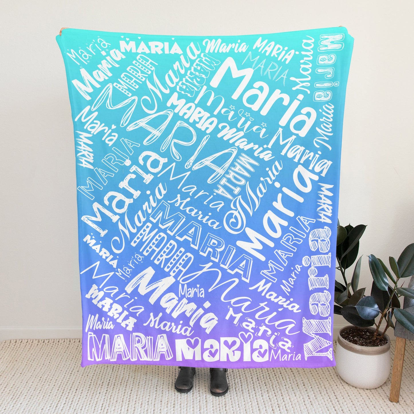 Blue green gradient Flannel Blanket Name Blanket Personalized Blanket for Adult Kids Flannel Customize Throw Blanket Custom