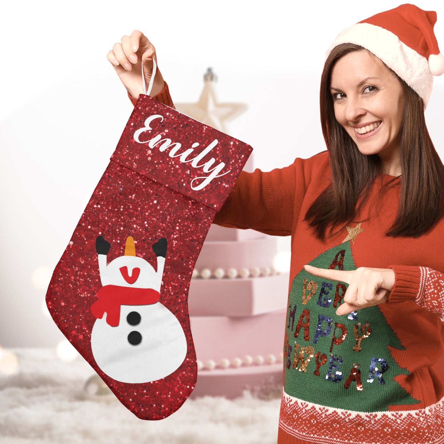 Red Glitter Snowman Christmas Stocking Custom Name Christmas Socks Gift