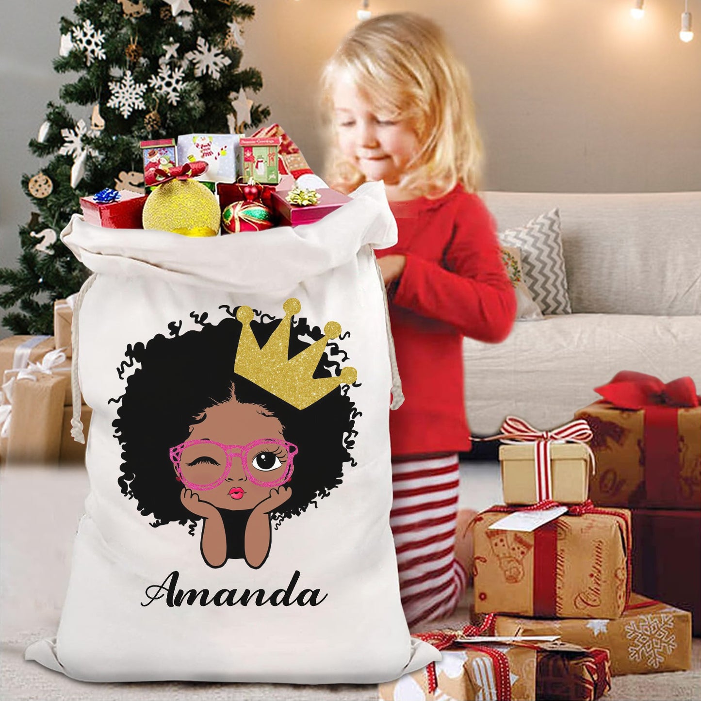 African Girl Christmas Gift Bag Custom Santa Gift Bags your Name