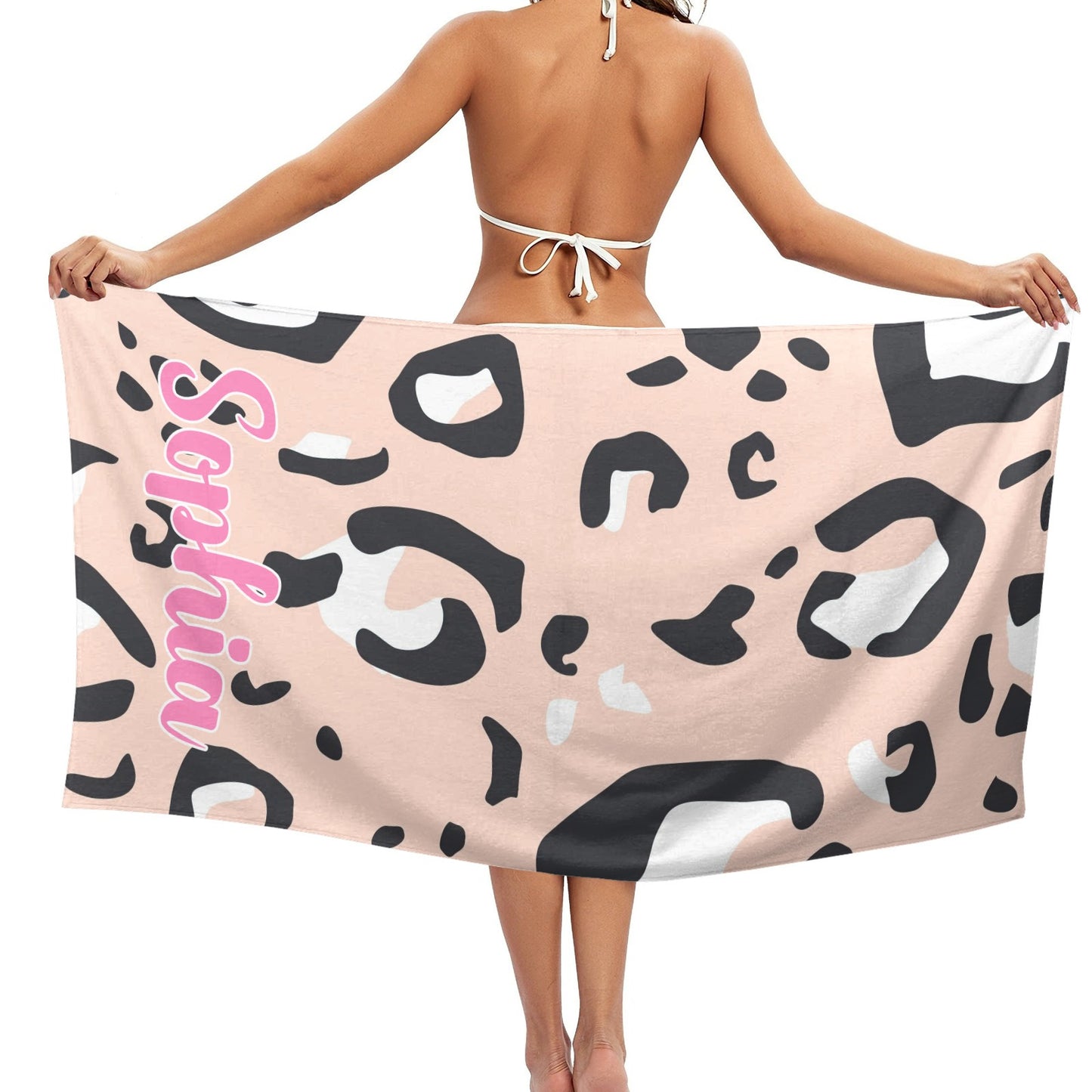 Leopard Print Pink Beach Towel Custom Cotton/Poly Blend Pool Towel - Blue - Personalize with Your Name - Standard Size
