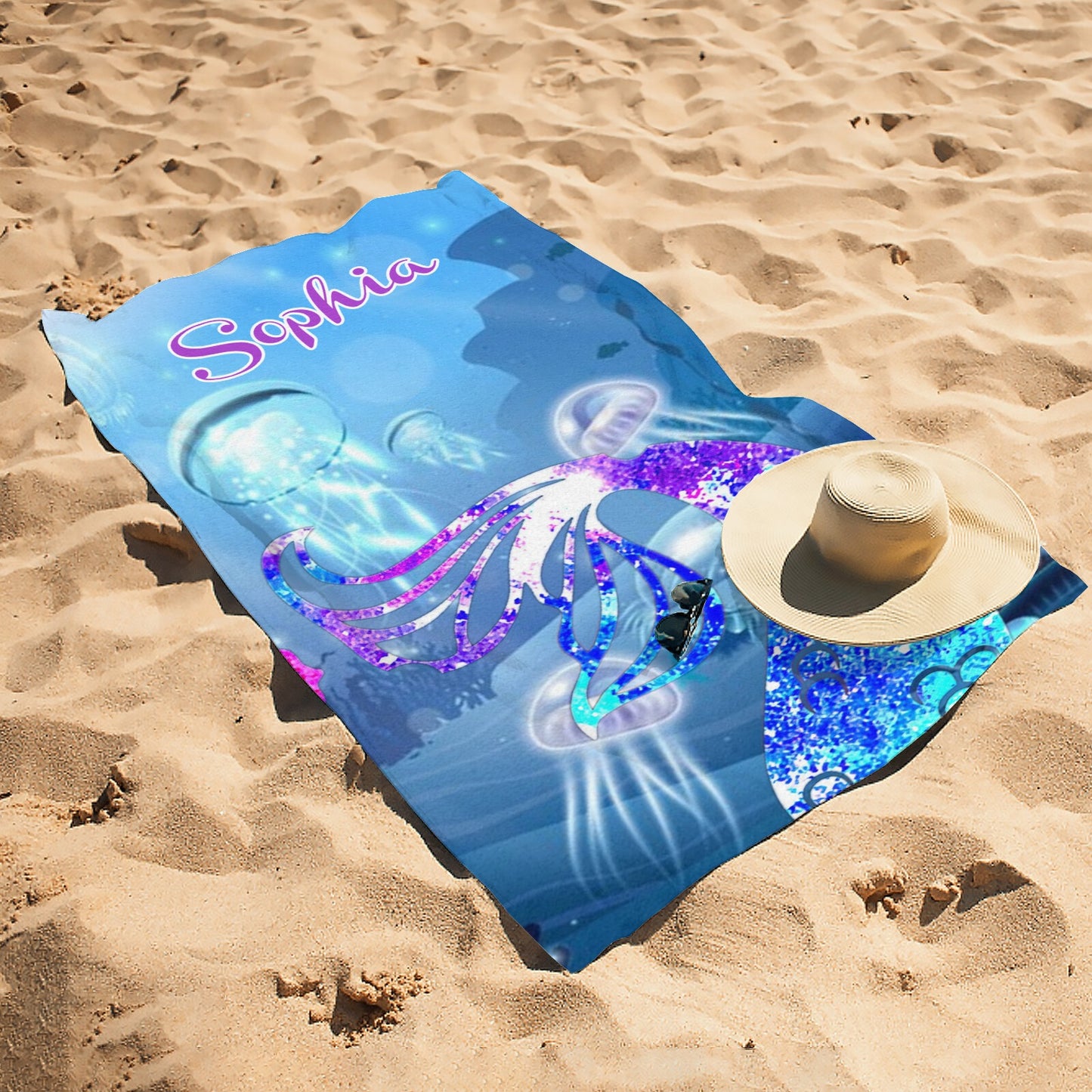 Mermaid Tail Beach Towel Custom Cotton/Poly Blend Pool Towel - Blue - Personalize with Your Name - Standard Size