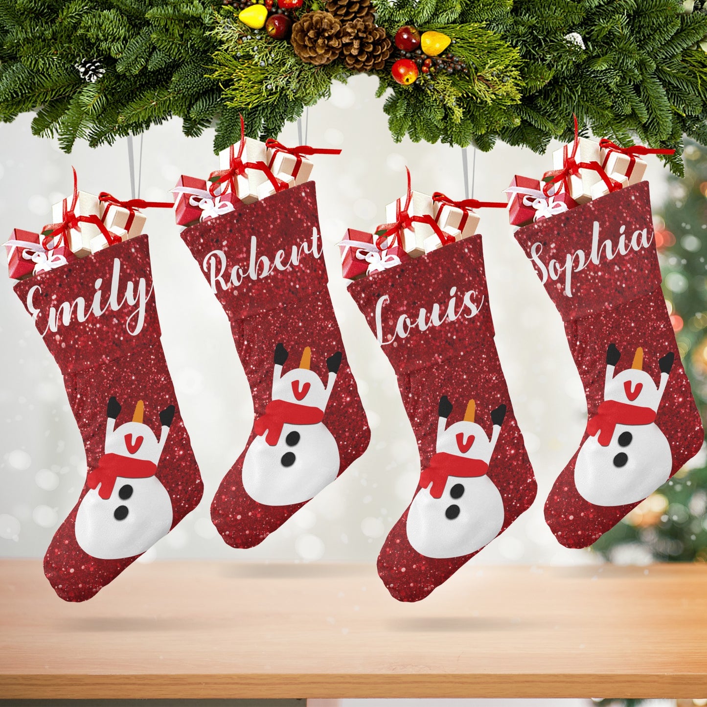 Red Glitter Snowman Christmas Stocking Custom Name Christmas Socks Gift