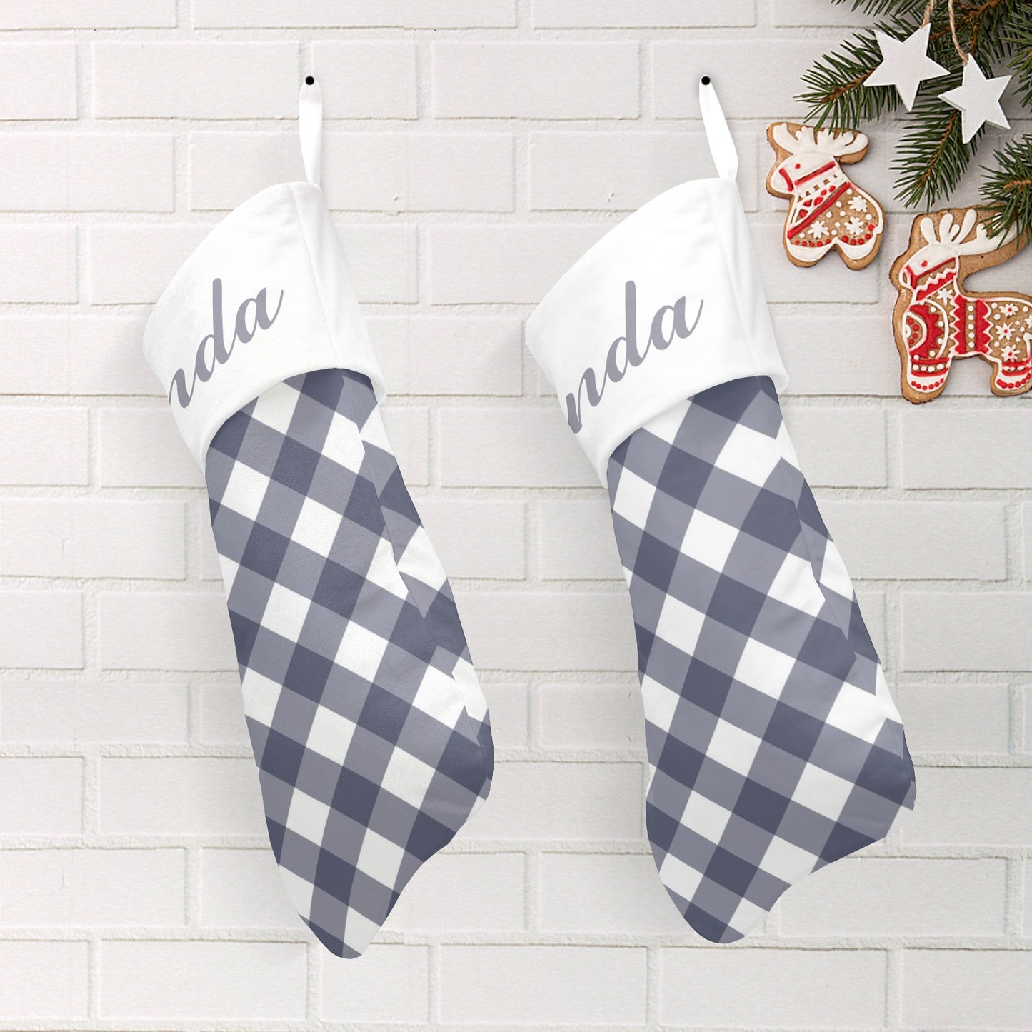 Grey Buffalo Plaid Christmas Stocking Custom Name Christmas Socks Gift