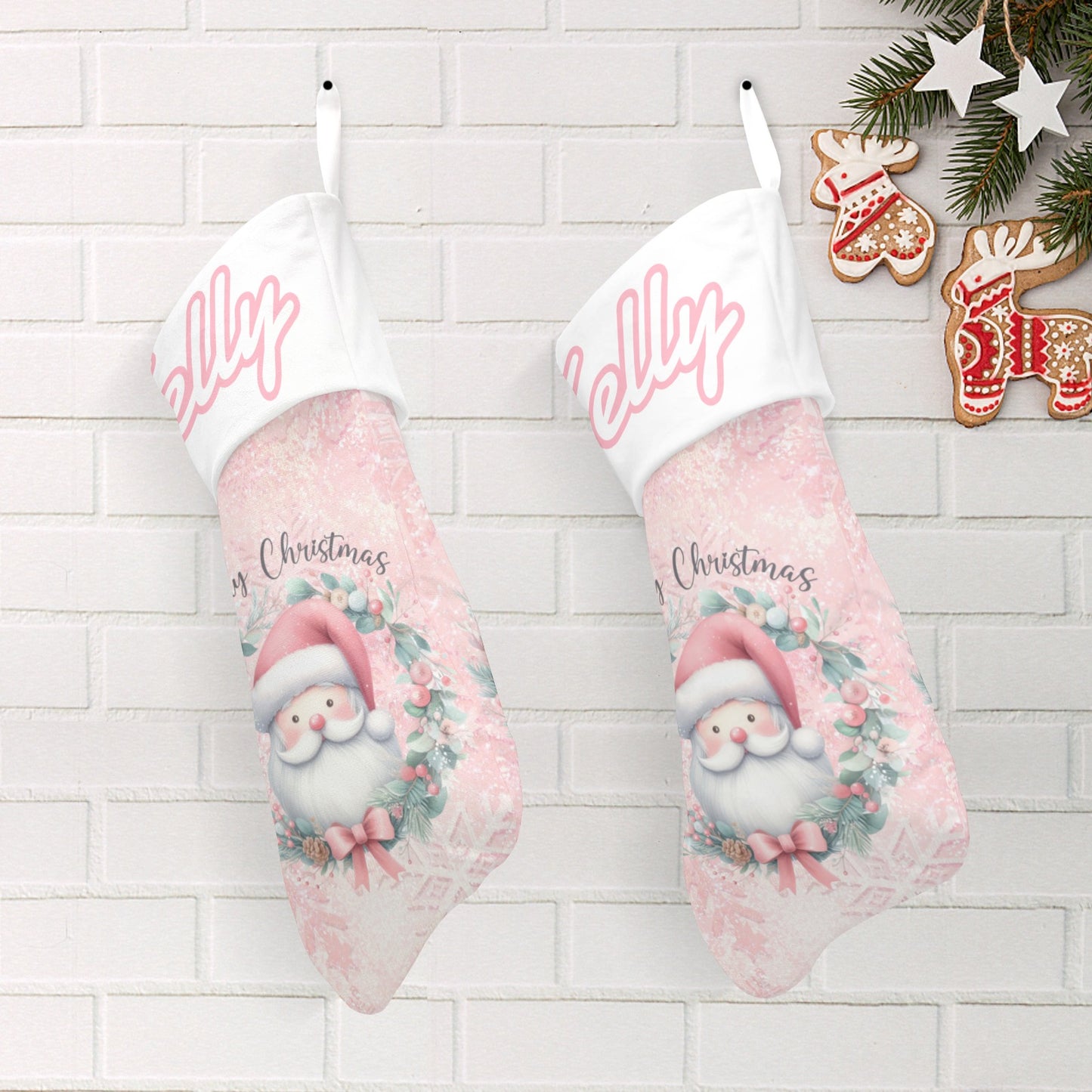Pink Santa Claus Christmas Stocking Custom Name Santa Socks Gift