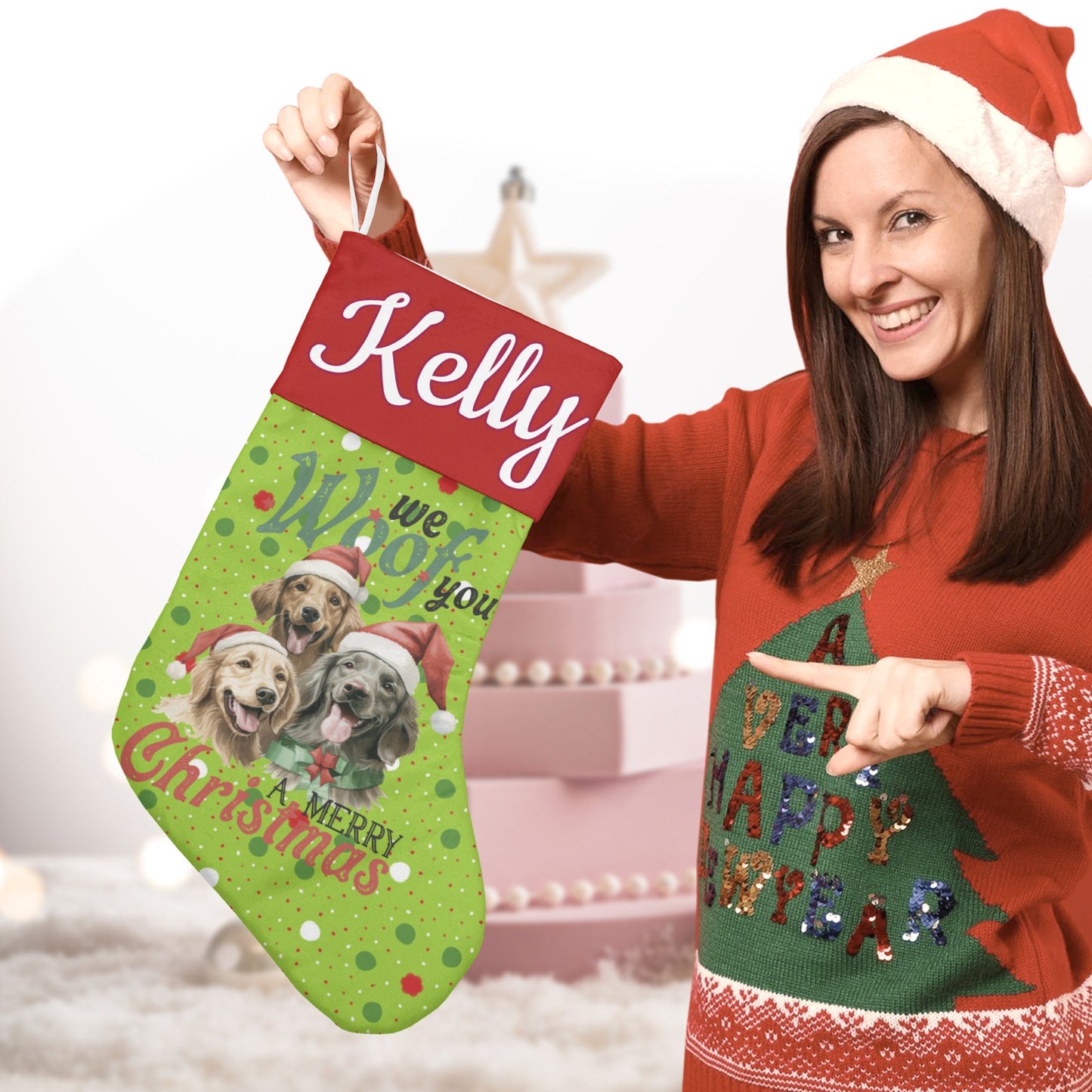Puppy Dot Flower Christmas Stocking Custom Name Santa Socks Gift