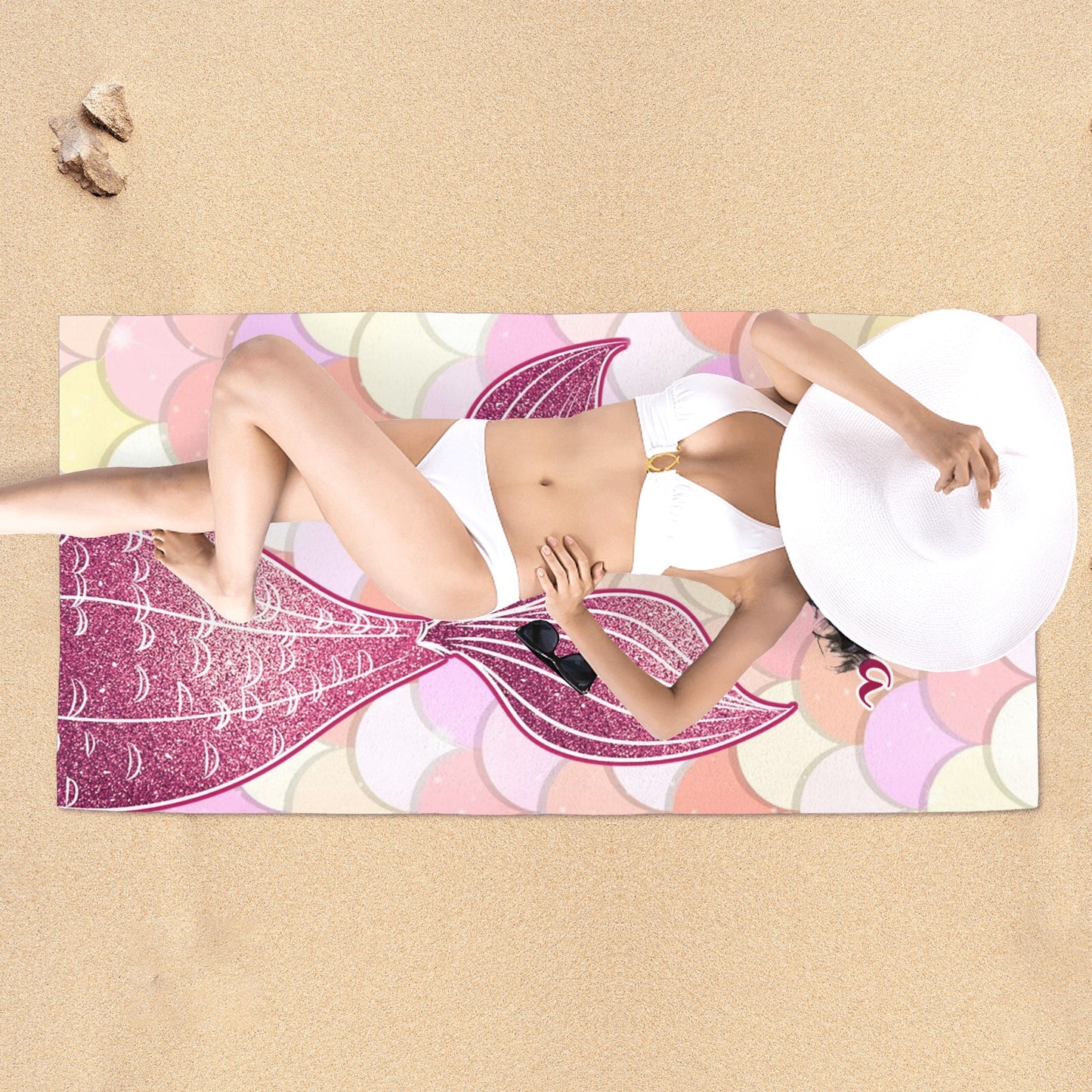 Red Mermaid Tail Beach Towel Custom Cotton/Poly Blend Pool Towel - Blue - Personalize with Your Name - Standard Size