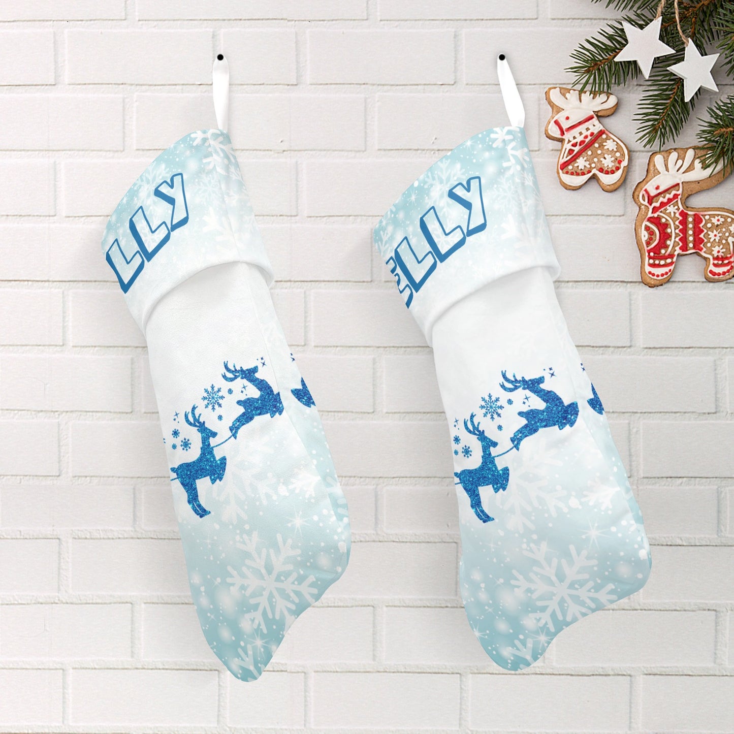 Blue Snowflake Reindeer Christmas Stocking Custom Name Santa Socks Gift