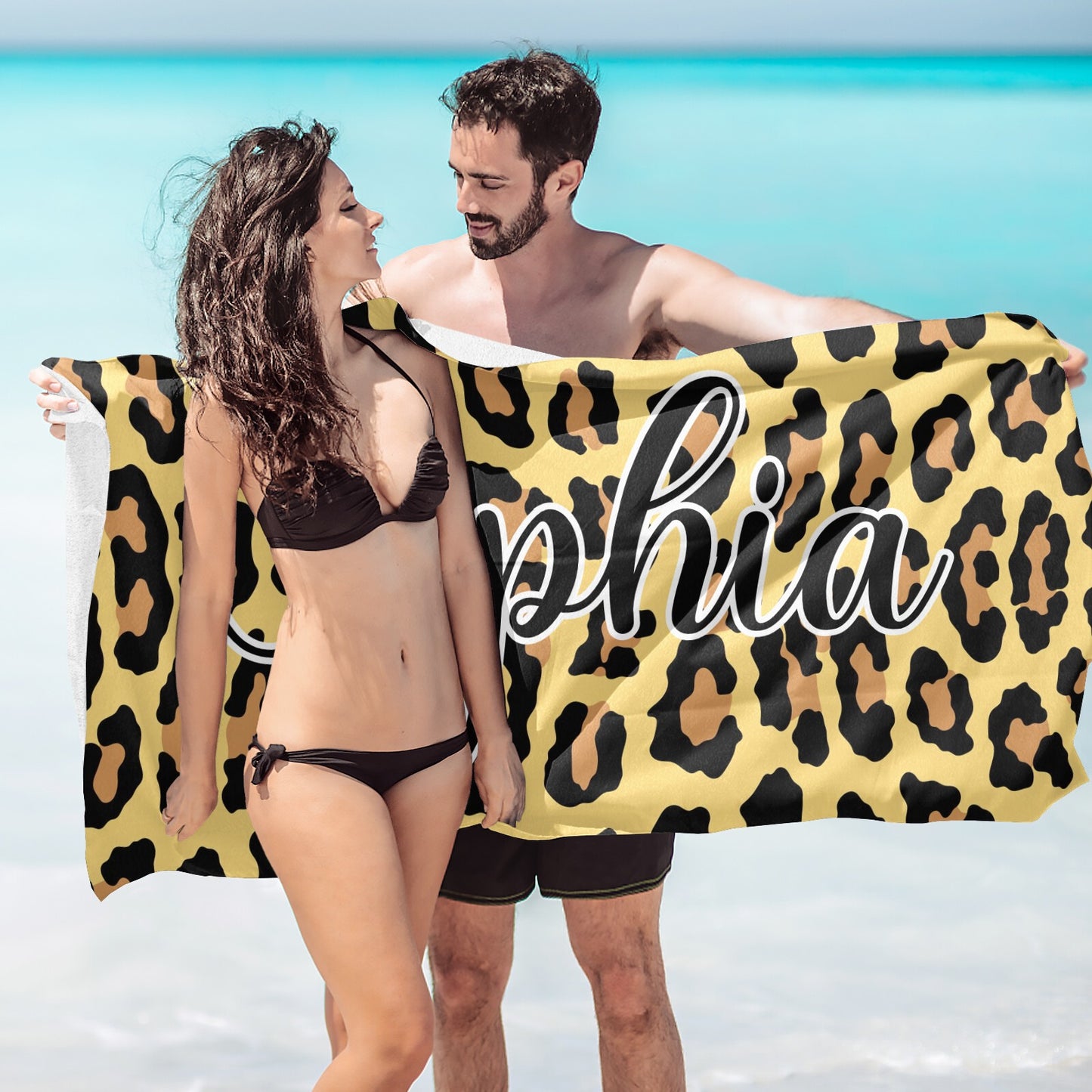 Leopard Print Yellow Beach Towel Custom Cotton/Poly Blend Pool Towel - Blue - Personalize with Your Name - Standard Size
