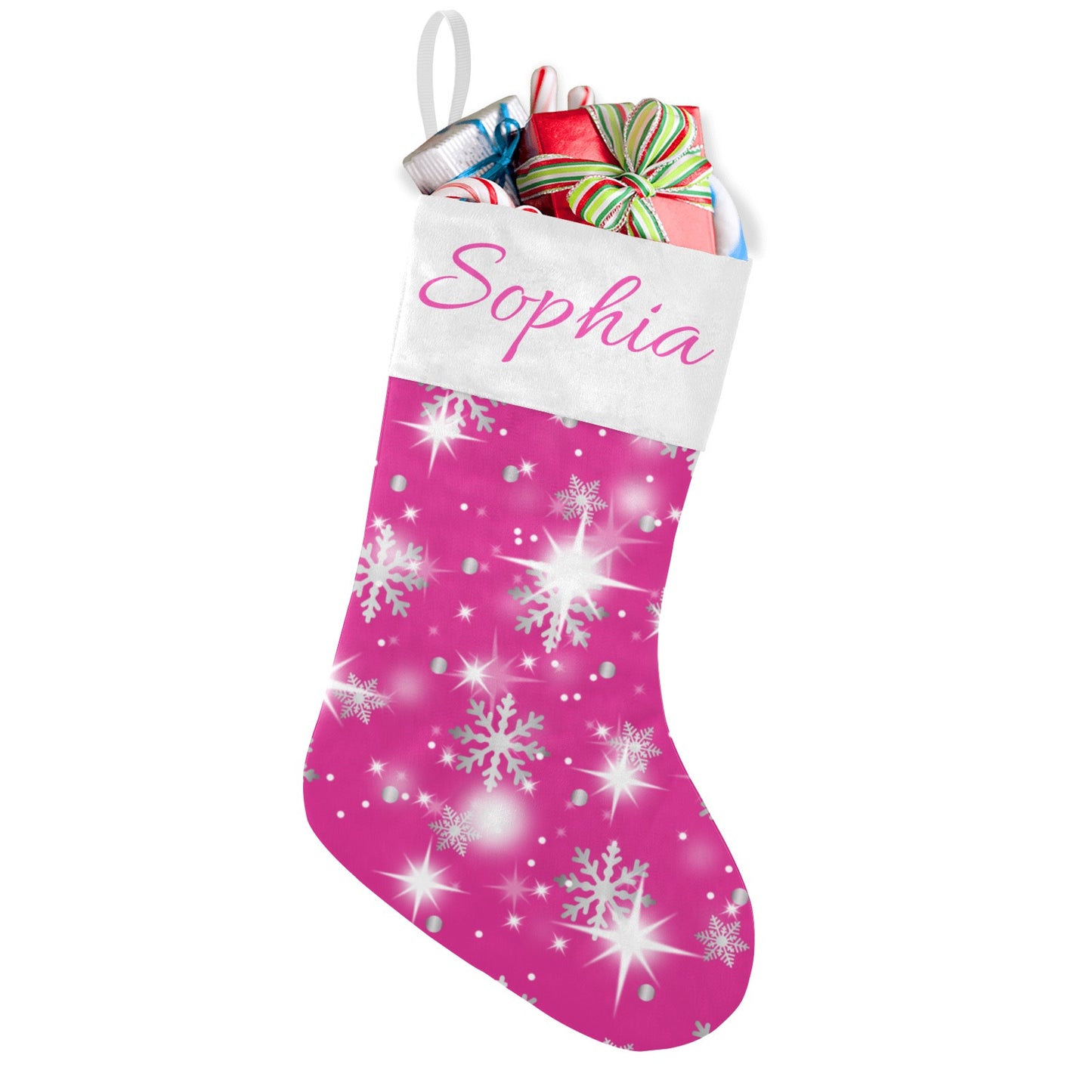 Snow flake pink Christmas Stocking Custom Name Santa Socks Gift