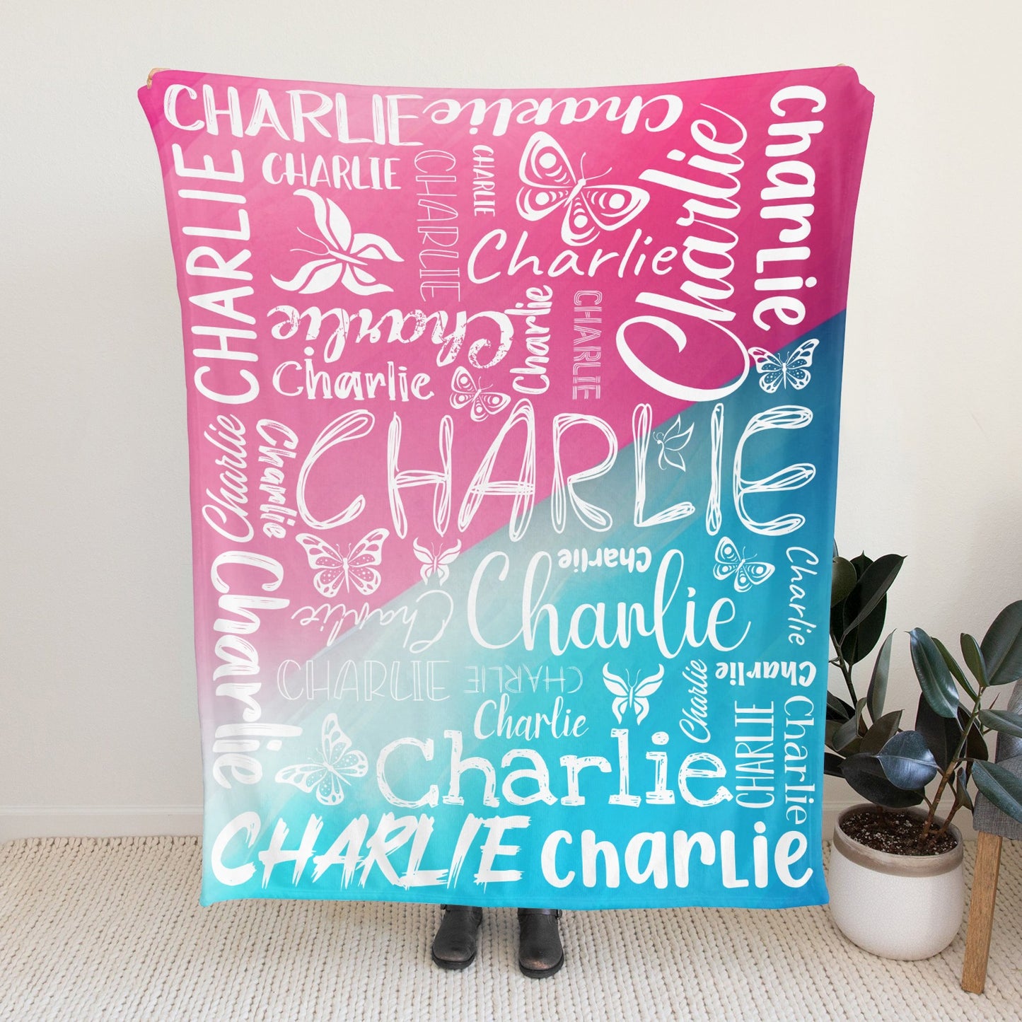 Pink Blue Flannel Blanket Custom Name Blanket Gift for Men Women