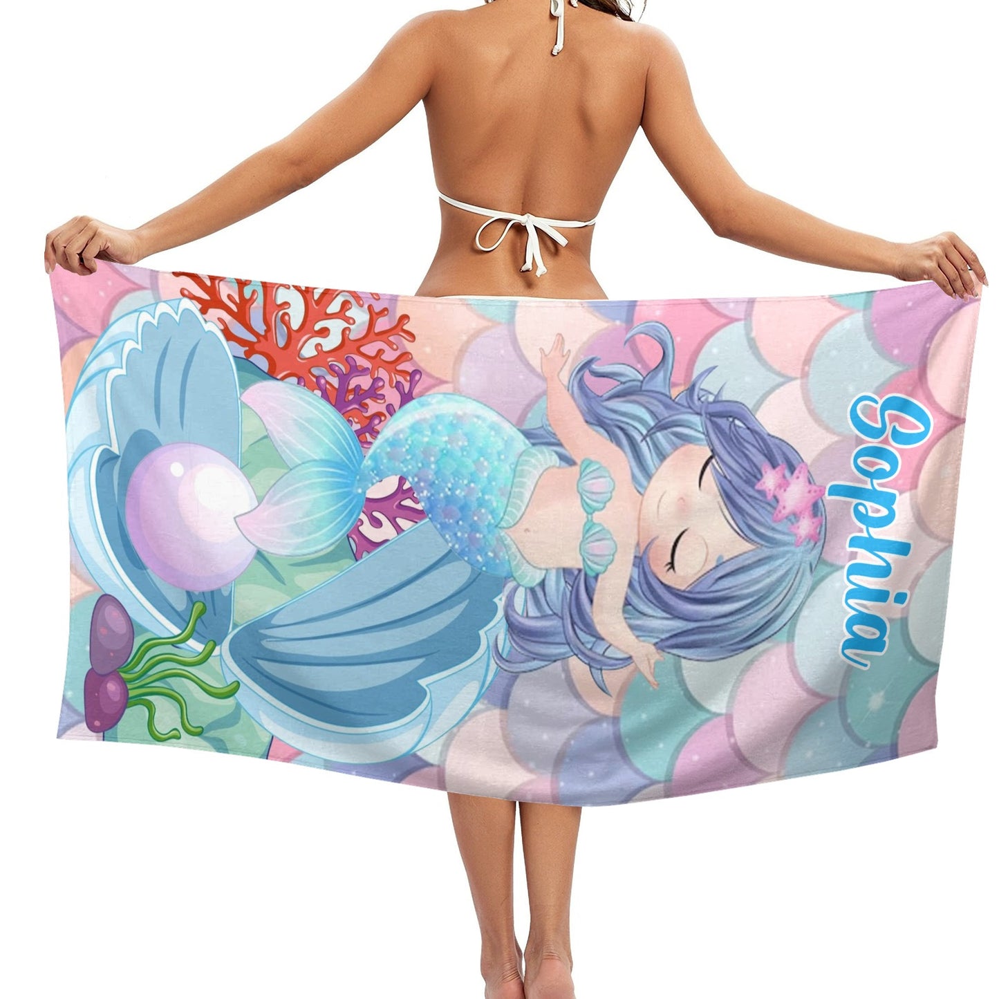 Cute Mermaid Beach Towel Custom Cotton/Poly Blend Pool Towel - Blue - Personalize with Your Name - Standard Size