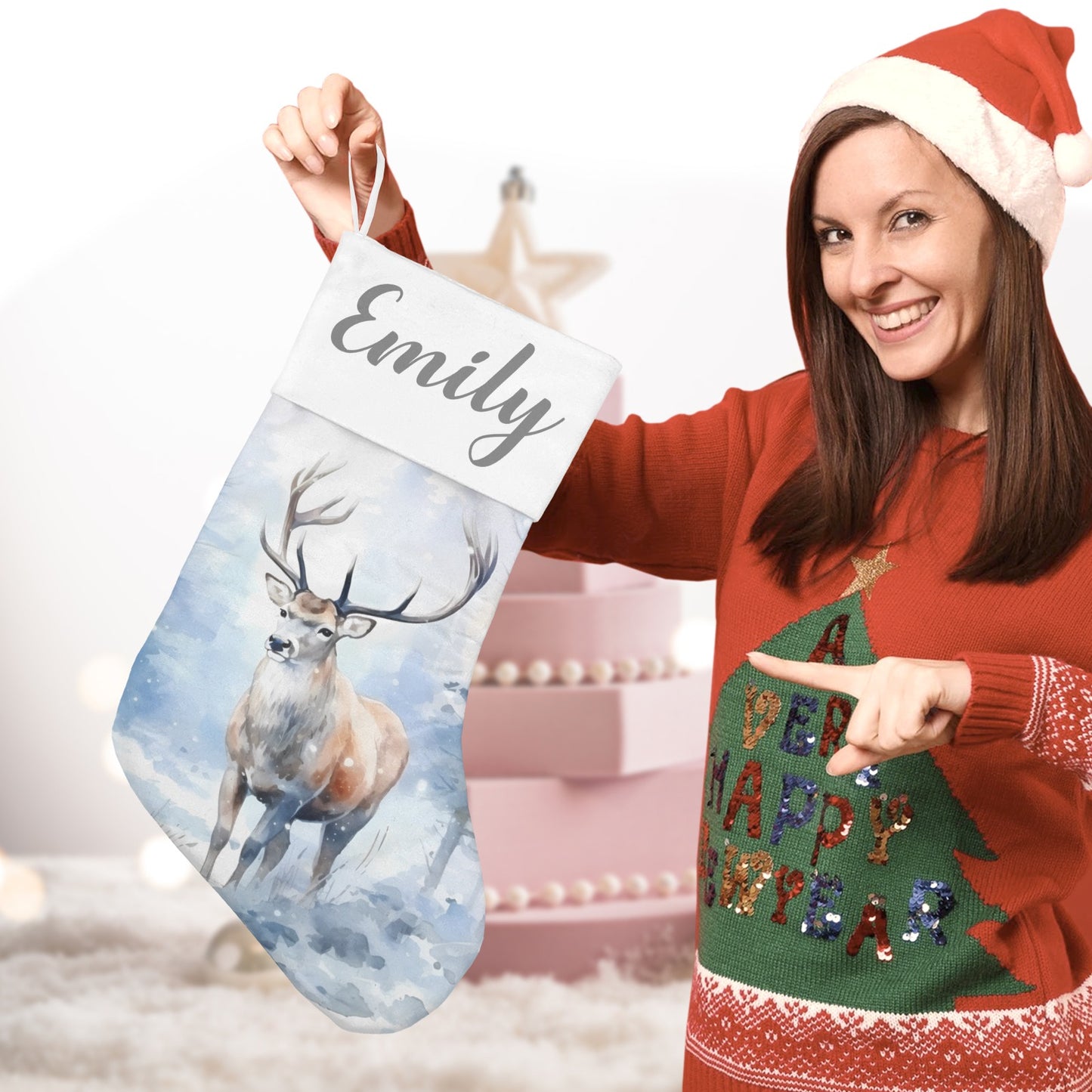 Snowy Deer Christmas Stocking Custom Name Christmas Socks Gift