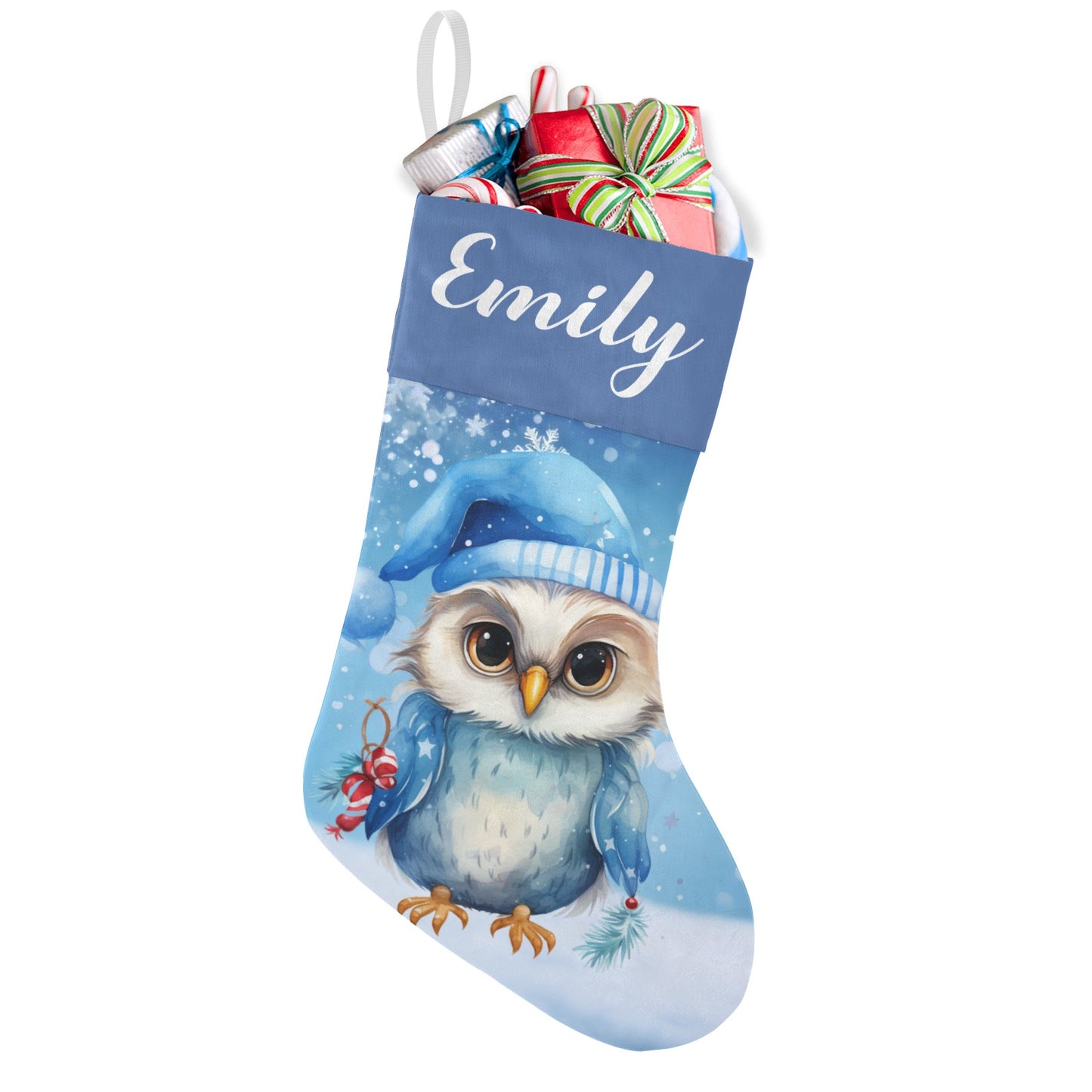 Owl Blue Christmas Stocking Custom Name Christmas Socks Gift