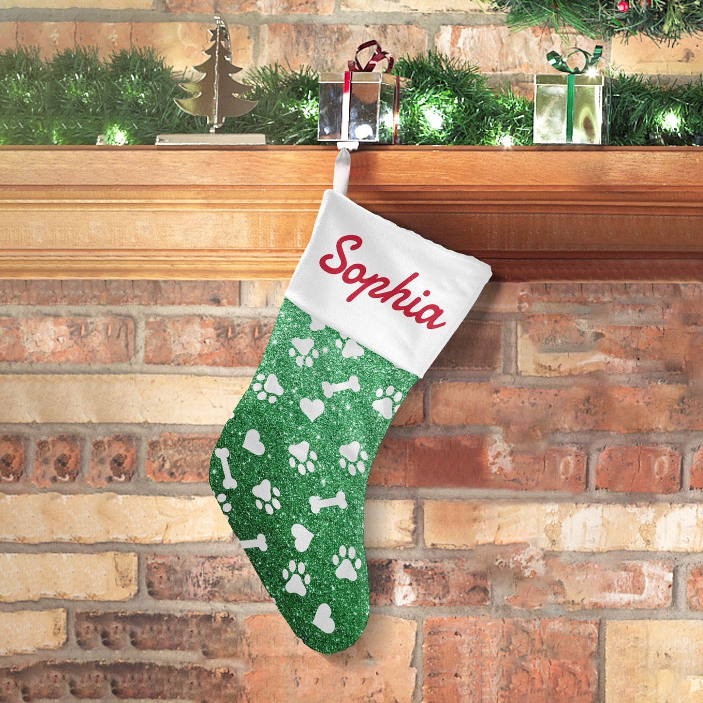 Dog Claw Green Christmas Stocking Custom Name Santa Socks Gift
