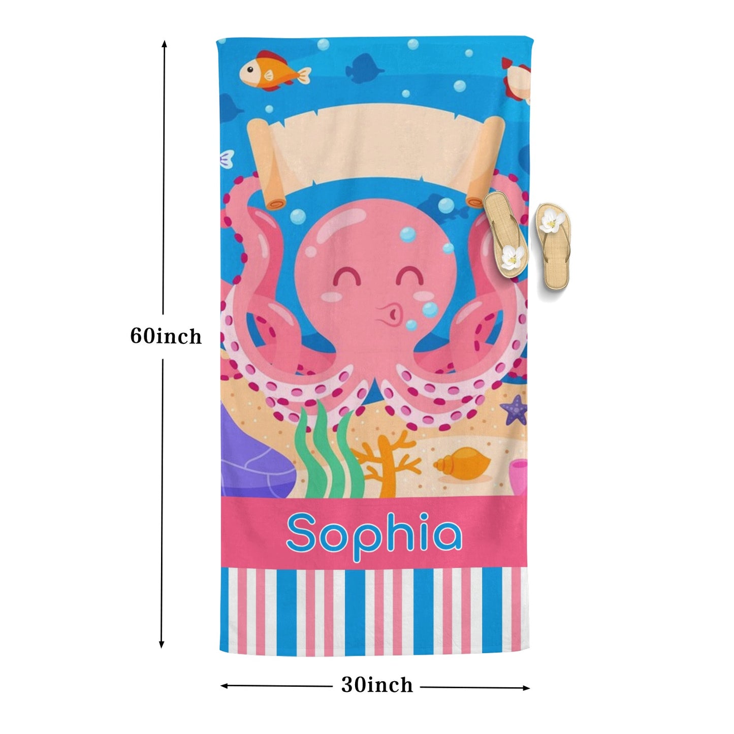 Octopus Beach Towel Custom Cotton/Poly Blend Pool Towel - Blue - Personalize with Your Name - Standard Size