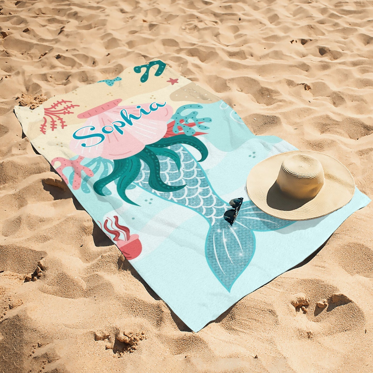 Mermaid Green Beach Towel Custom Cotton/Poly Blend Pool Towel - Blue - Personalize with Your Name - Standard Size