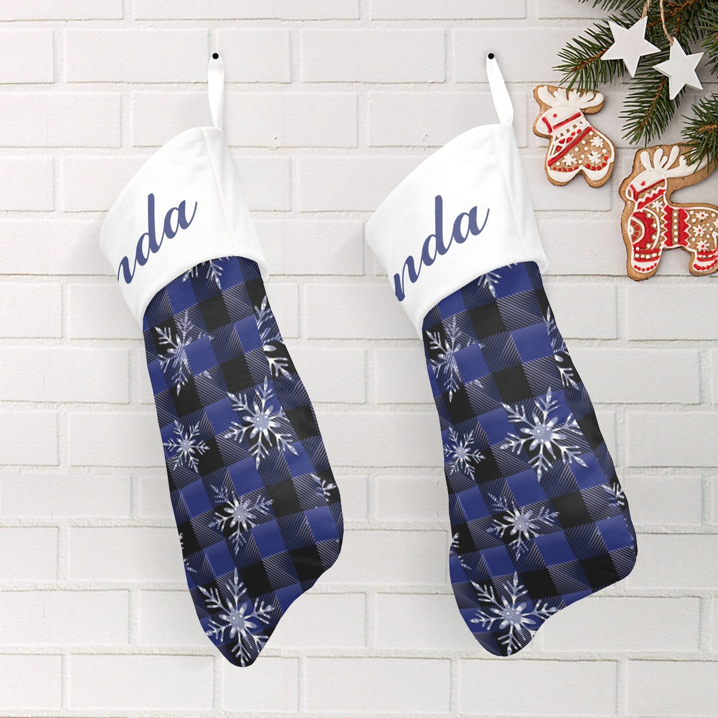 Blue Plaid Snowflakes Christmas Stocking Custom Name Christmas Socks Gift