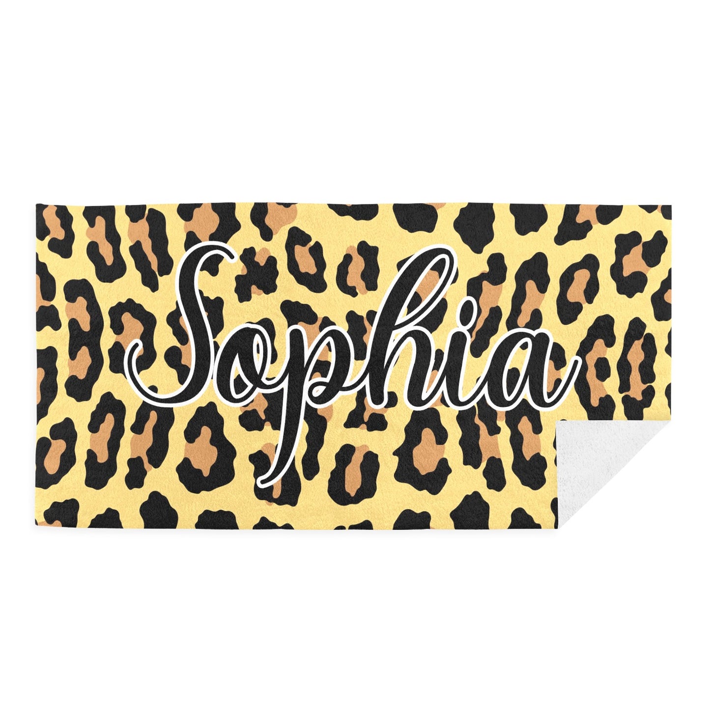 Leopard Print Yellow Beach Towel Custom Cotton/Poly Blend Pool Towel - Blue - Personalize with Your Name - Standard Size