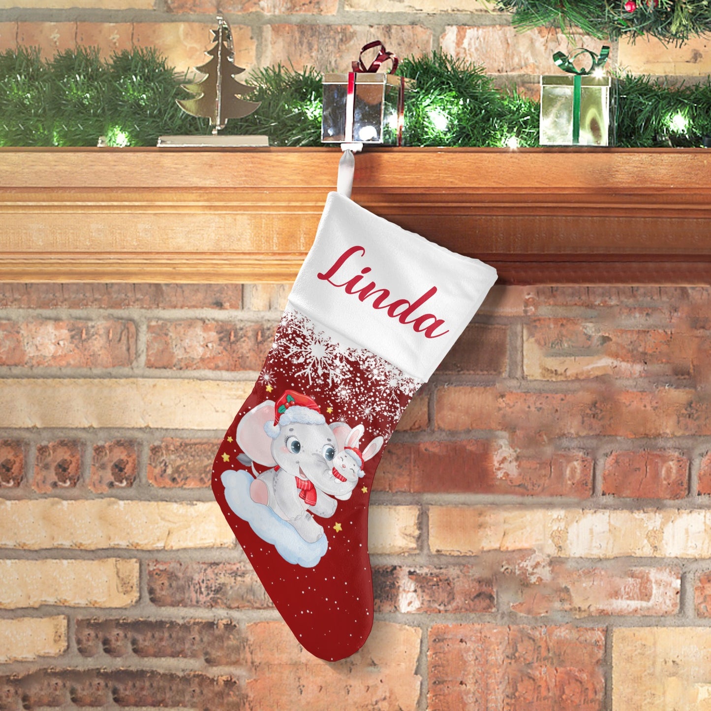 Red Christmas Elephant Christmas Stocking Custom Name Christmas Socks Gift