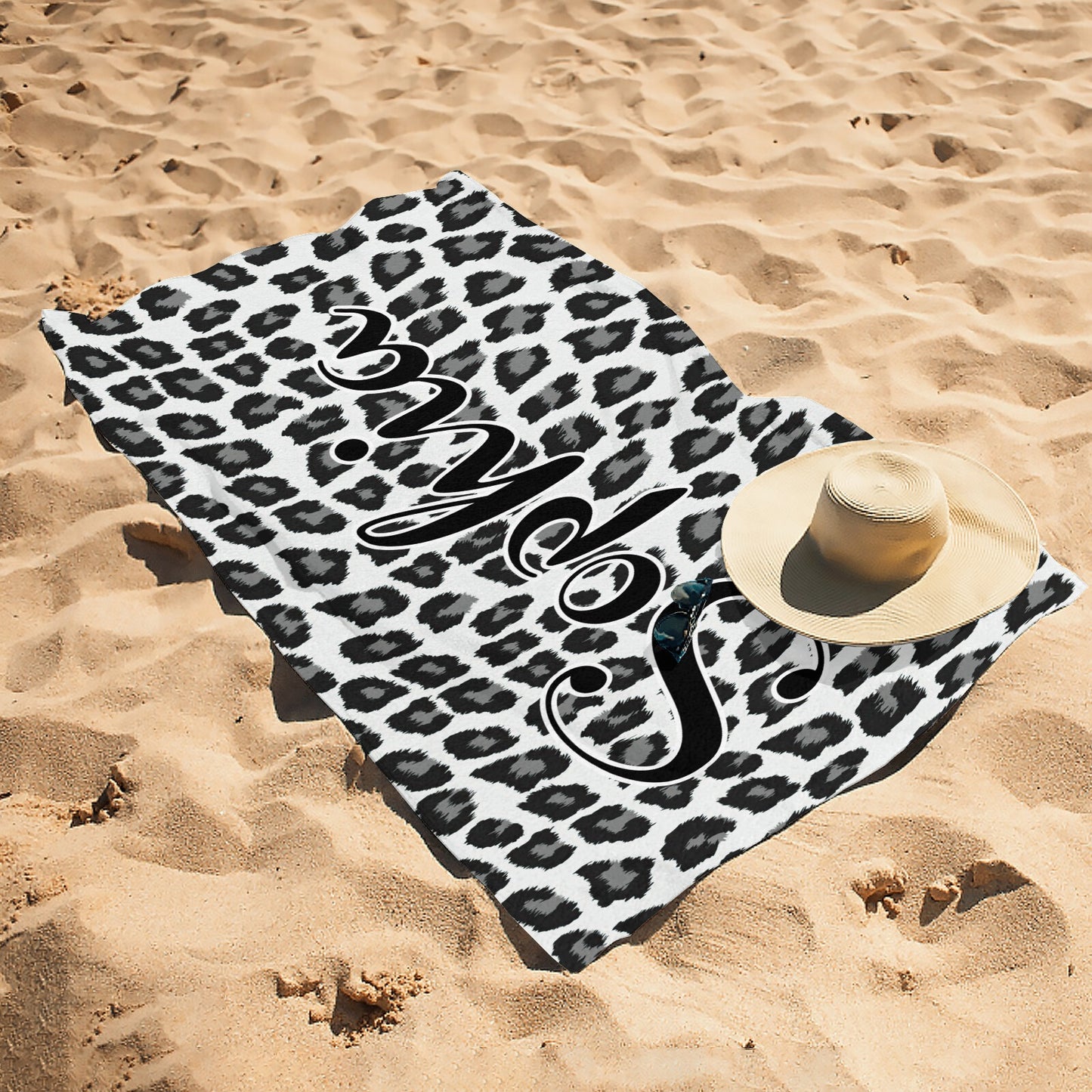 Leopard Print Grey Beach Towel Custom Cotton/Poly Blend Pool Towel - Blue - Personalize with Your Name - Standard Size