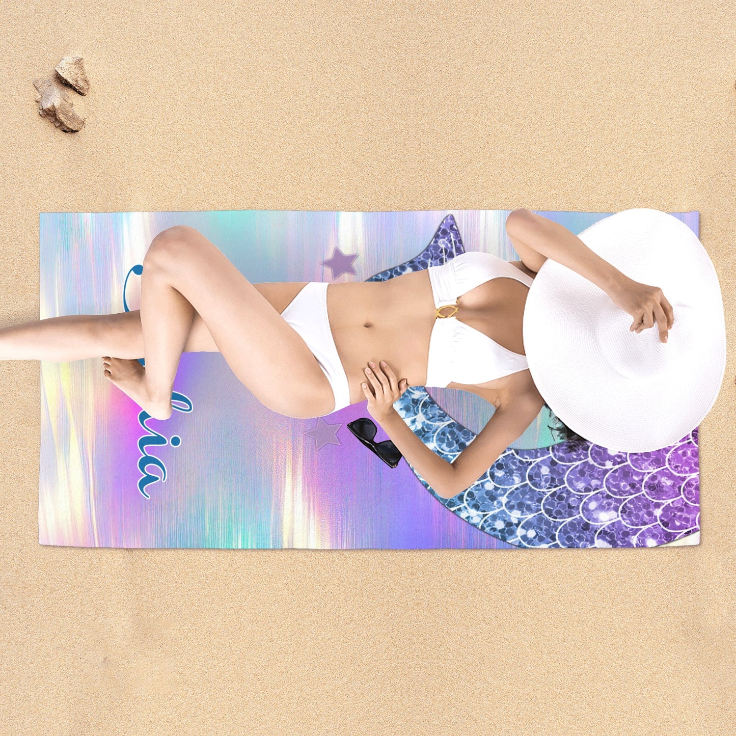 Mermaid Tail Beach Towel Custom Cotton/Poly Blend Pool Towel - Blue - Personalize with Your Name - Standard Size