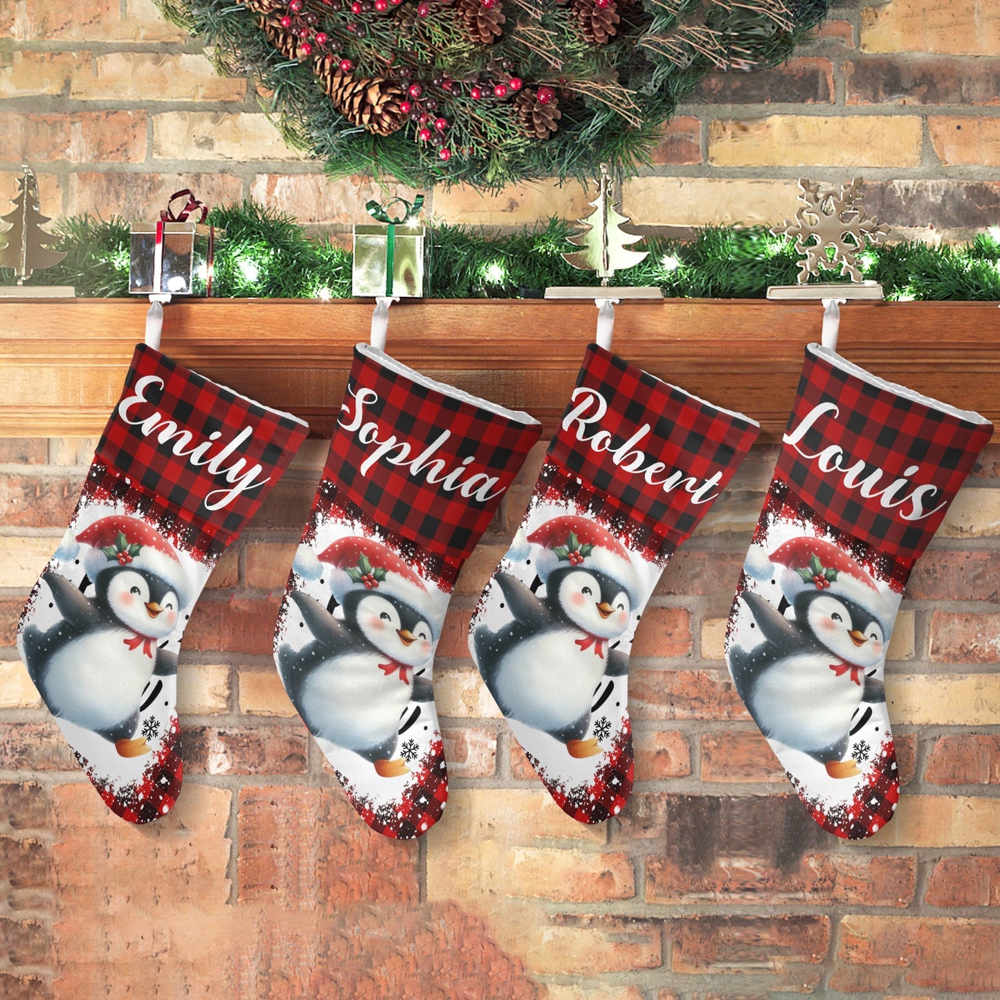 Buffalo Plaid Penguin Christmas Stocking Custom Name Christmas Socks Gift