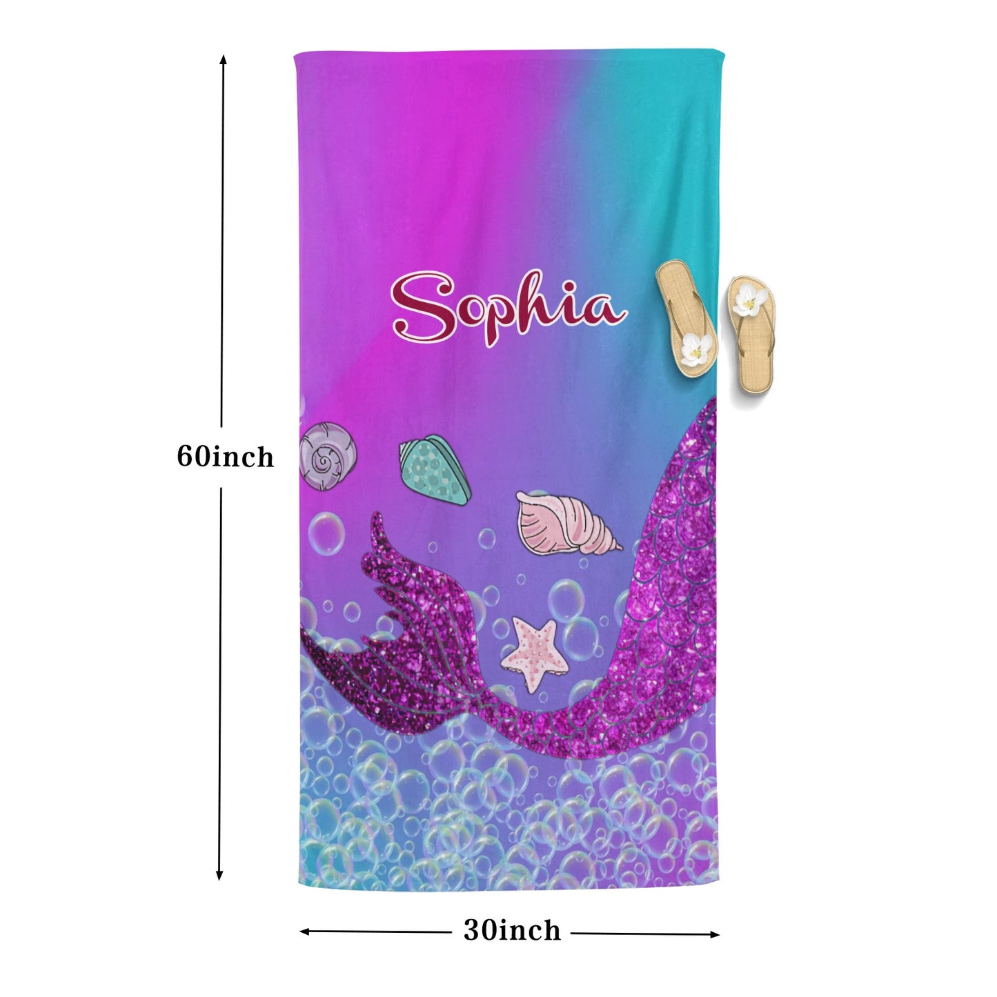 Mermaid Tail Beach Towel Custom Cotton/Poly Blend Pool Towel - Blue - Personalize with Your Name - Standard Size