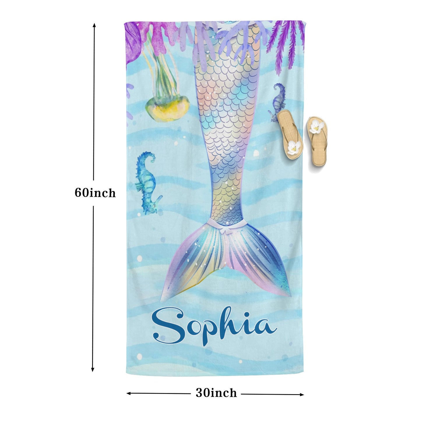 Blue Mermaid Tail Beach Towel Custom Cotton/Poly Blend Pool Towel - Blue - Personalize with Your Name - Standard Size