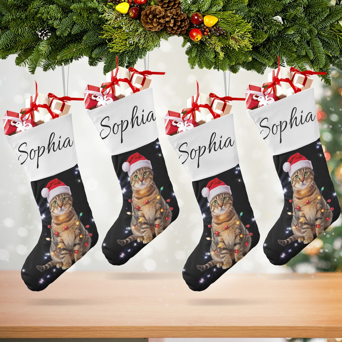 Cat Black Christmas Stocking Custom Name Santa Socks Gift