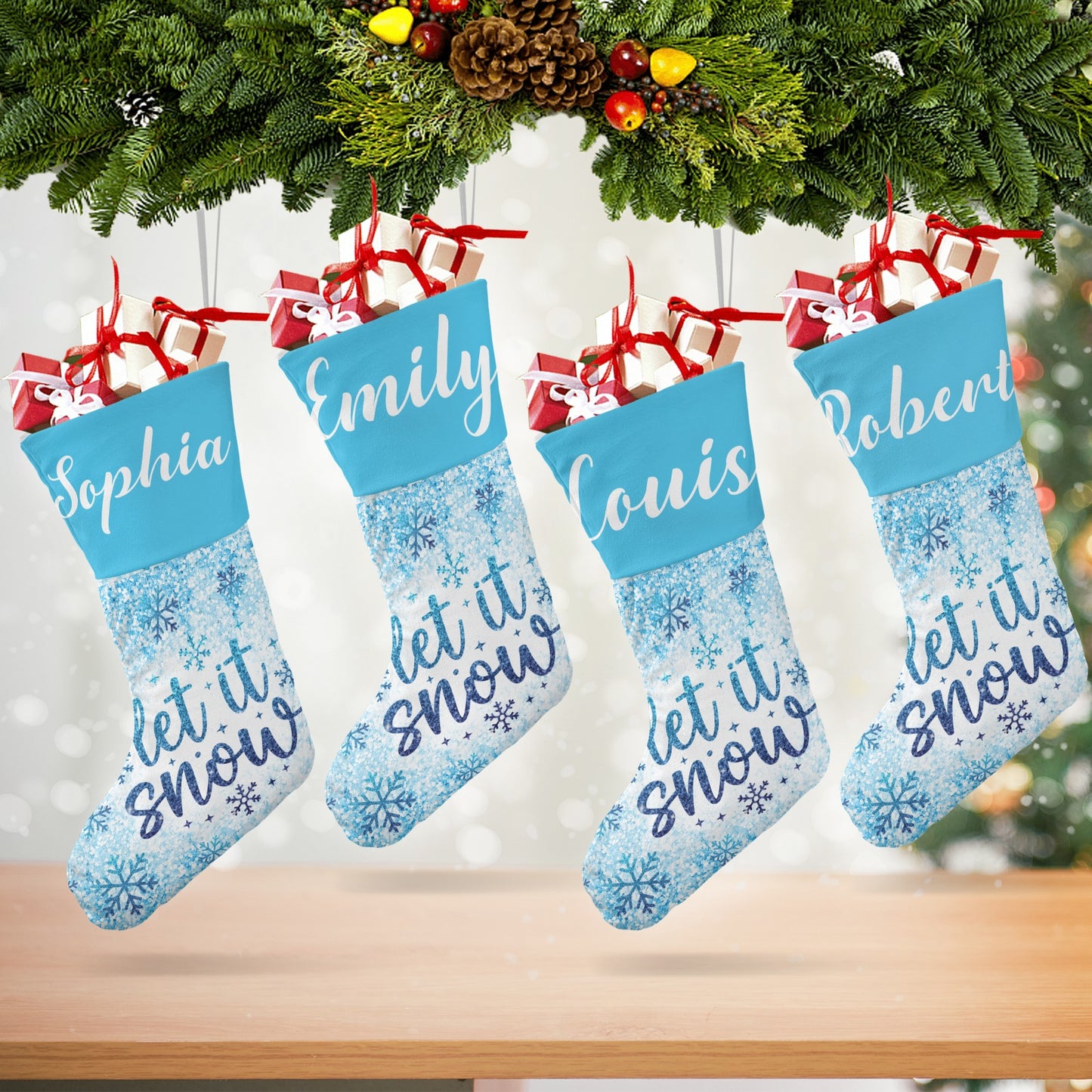 Let It Snow Blue Christmas Stocking Custom Name Christmas Socks Gift