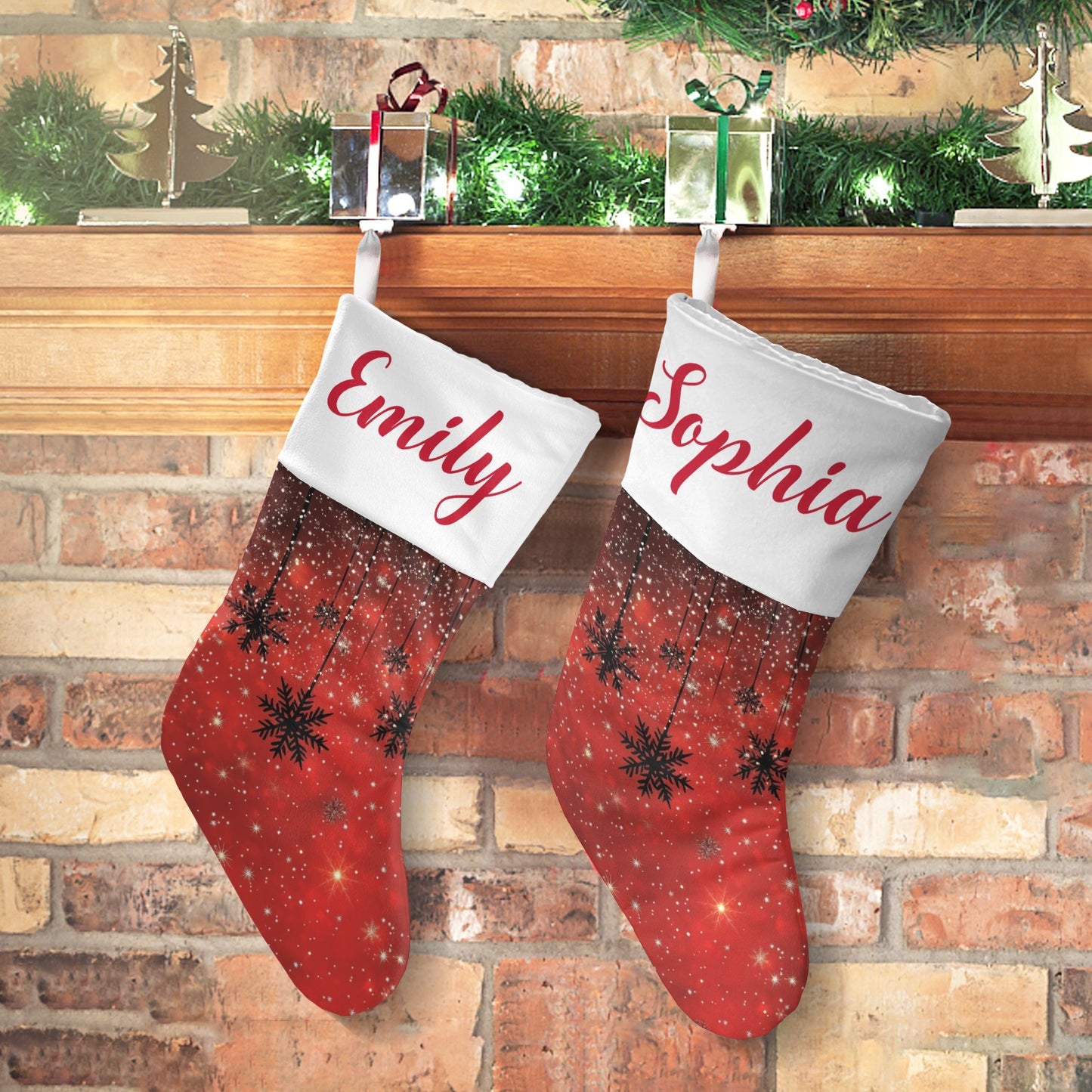 Snowflakes Red Christmas Stocking Custom Name Christmas Socks Gift