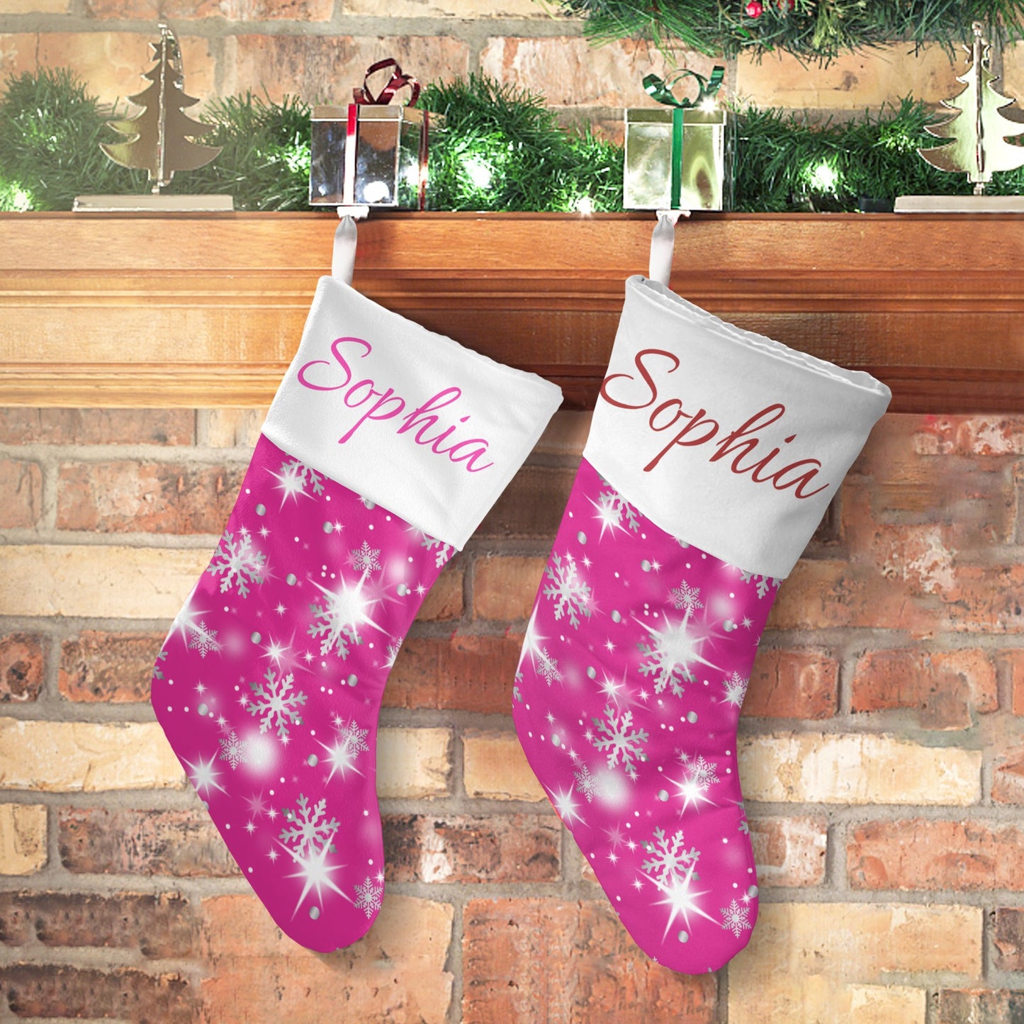 Snow flake pink Christmas Stocking Custom Name Santa Socks Gift