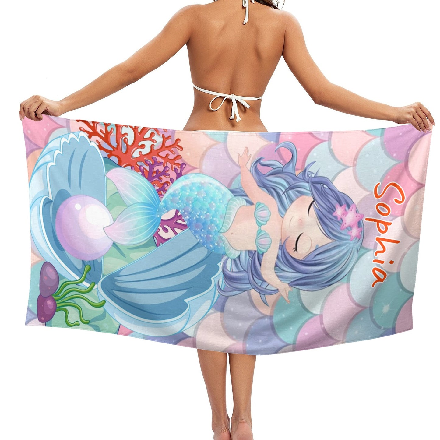Cute Mermaid Beach Towel Custom Cotton/Poly Blend Pool Towel - Blue - Personalize with Your Name - Standard Size