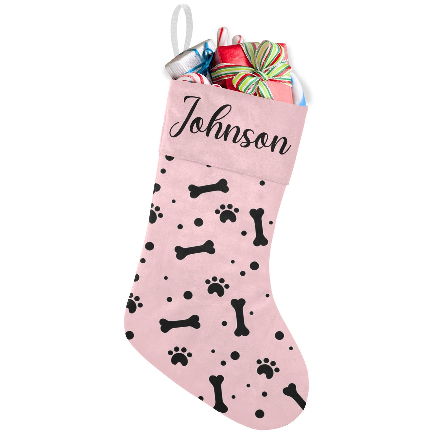 Paw bones Pink Christmas Stocking Custom Name Christmas Socks Gift