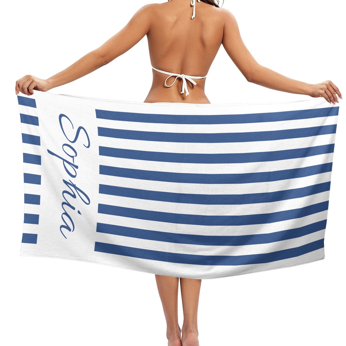 Navy Blue Stripe Beach Towel Custom Cotton/Poly Blend Pool Towel - Blue - Personalize with Your Name - Standard Size