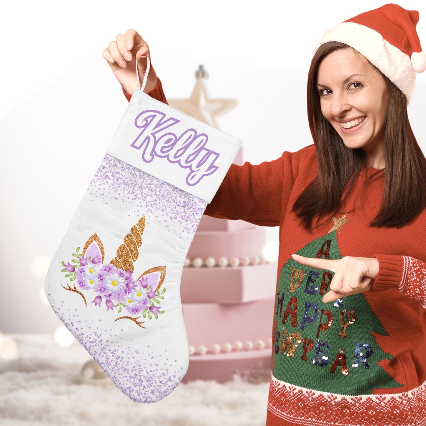 Purple Unicorn Christmas Stocking Custom Name Santa Socks Gift