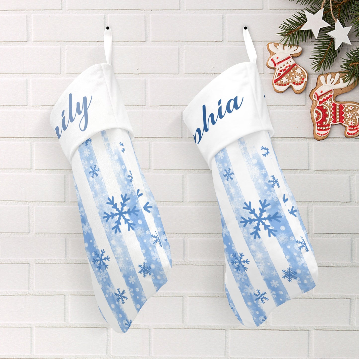 Snowflakes Stripes Christmas Stocking Custom Name Christmas Socks Gift