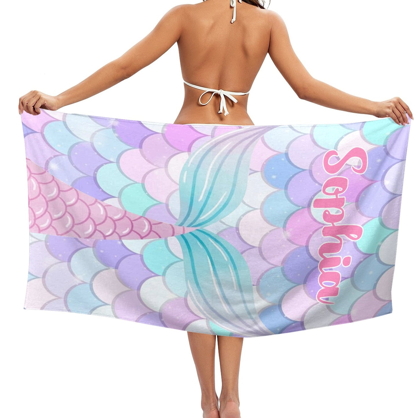 Mermaid Tail Beach Towel Custom Cotton/Poly Blend Pool Towel - Blue - Personalize with Your Name - Standard Size